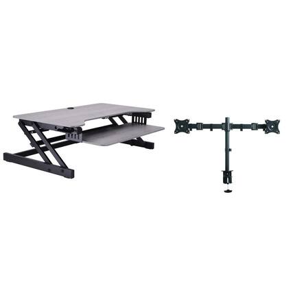 Front. Rocelco - Deluxe Height Adjustable Standing Desk Converter with Dual Monitor Mount BUNDLE, Large Retractable Keyboard Tray, Gray - Grey.
