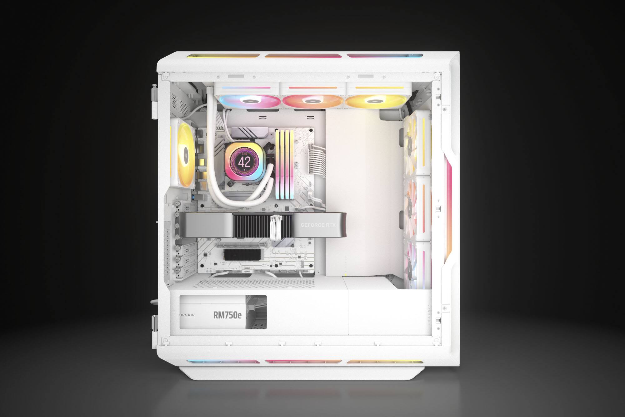 The text on the image reads: "00g 42 GEFORCE RTX ORSAIR RM750e". This text is likely related to the computer components inside the case, specifically the graphics card. The text suggests that the graphics card is a GeForce RTX model, and it is manufactured by Oversair. The model number is RM750e.