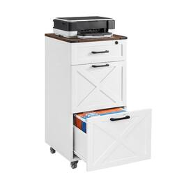 Loheer - Rustic White Farmhouse 3-Drawer File Cabinet with Wheels Mobile Printer Stand Locking Home Office Storage