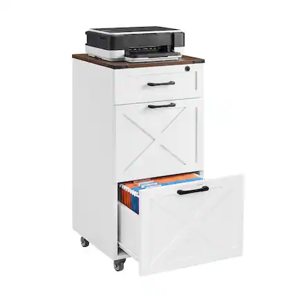 Front. Loheer - Loheer Rustic White Farmhouse 3-Drawer File Cabinet with Wheels Mobile Printer Stand Locking Home Office Storage.