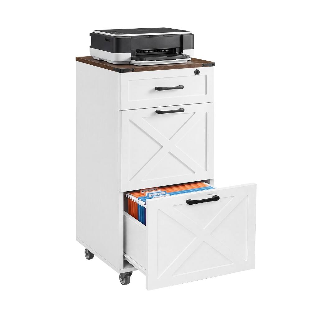 Front. Loheer - Loheer Rustic White Farmhouse 3-Drawer File Cabinet with Wheels Mobile Printer Stand Locking Home Office Storage.