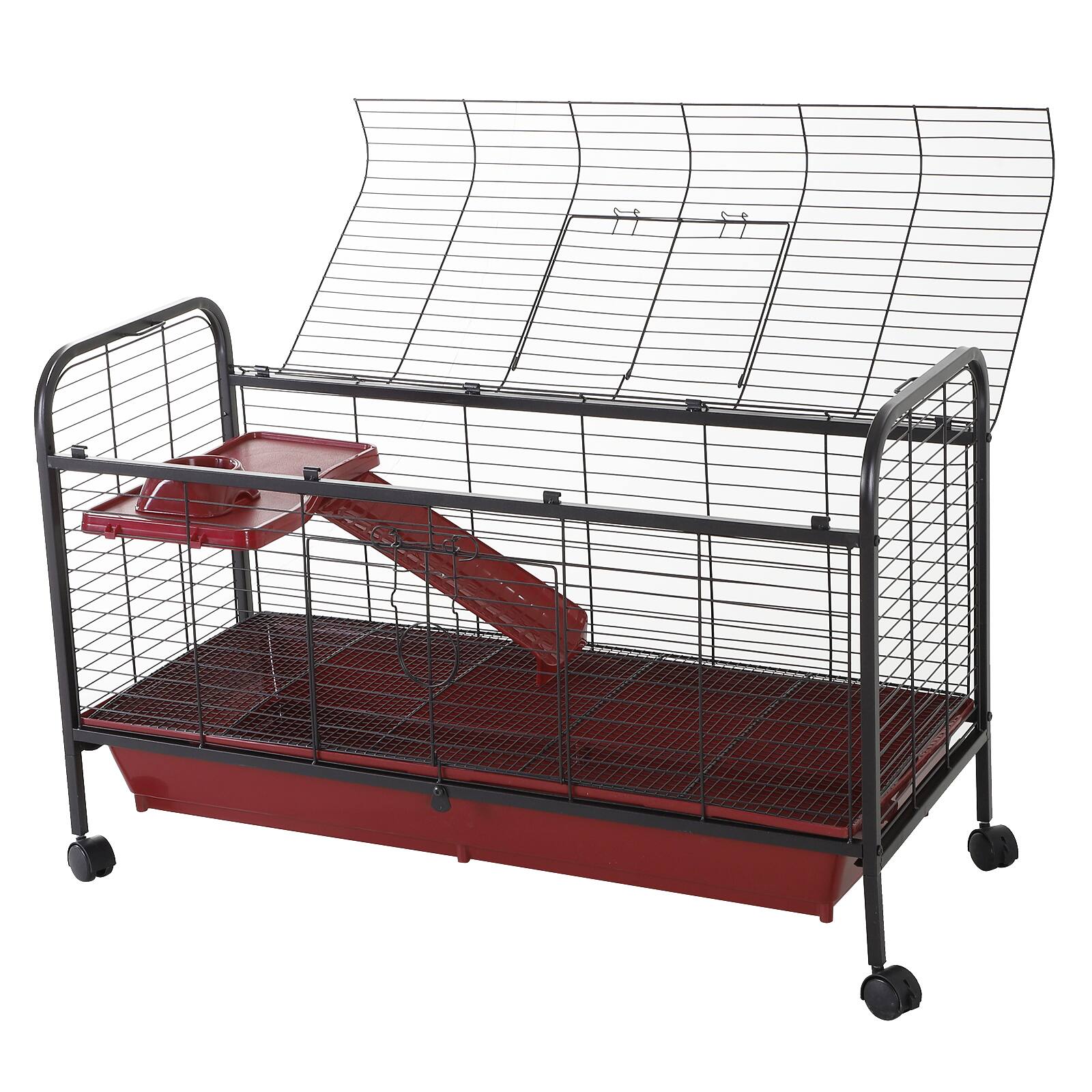 Front. Pawhut - Small Animal Cage, Pet Play House for Rabbit Hutch Ferret with Feeder, Rolling Wheels.