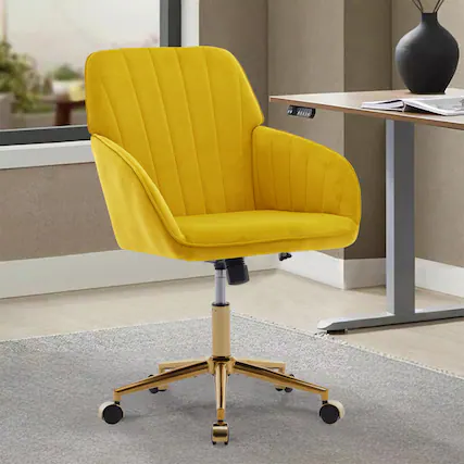 Front. HTUTWOO - Office Chair- Ergonomic,Adjustable, Gold Base, Wide Backrest,for Office, Bedroom, Ideal for Professionals, Students - Yellow.