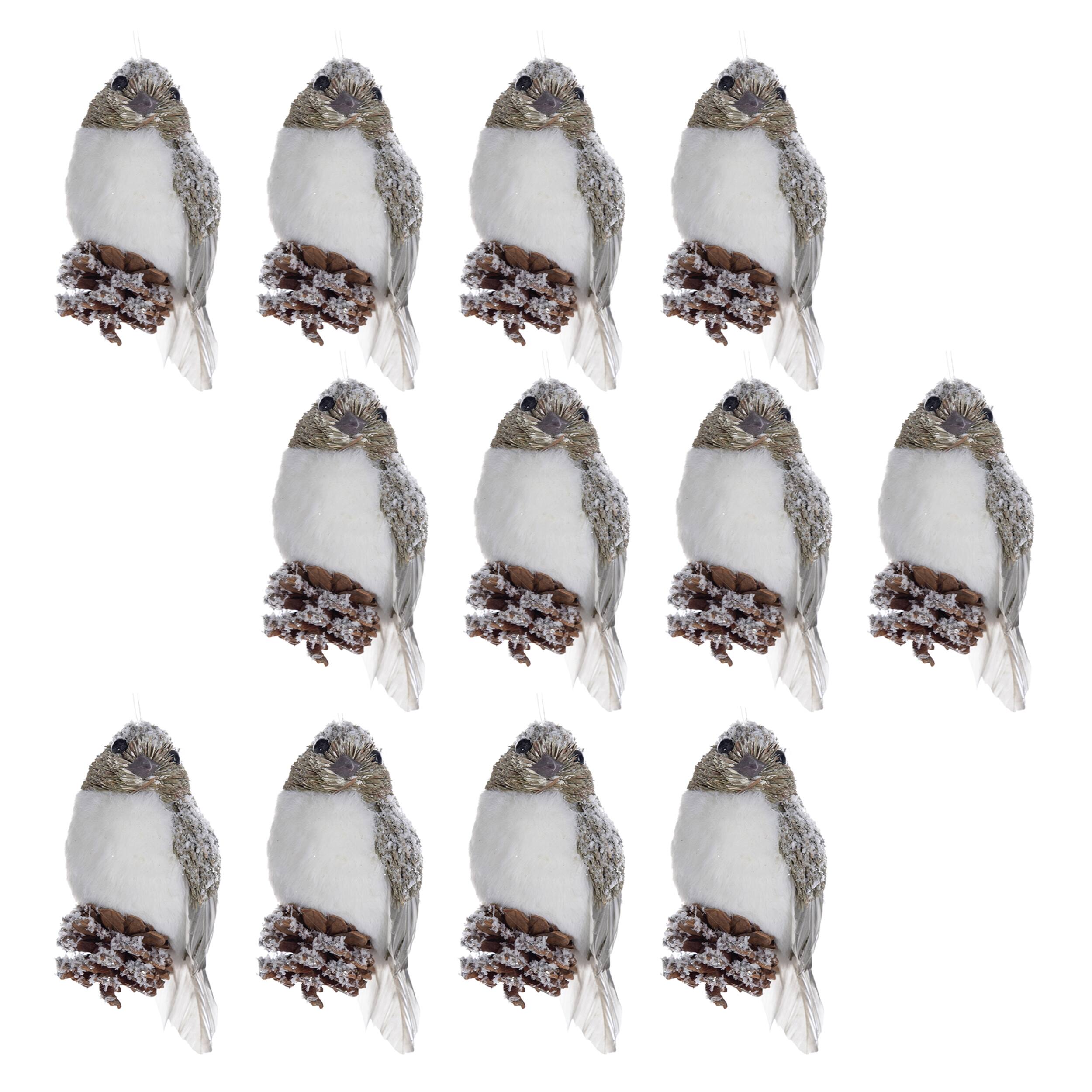The image does not contain any text. It shows multiple small birds with pine cones in their beaks.