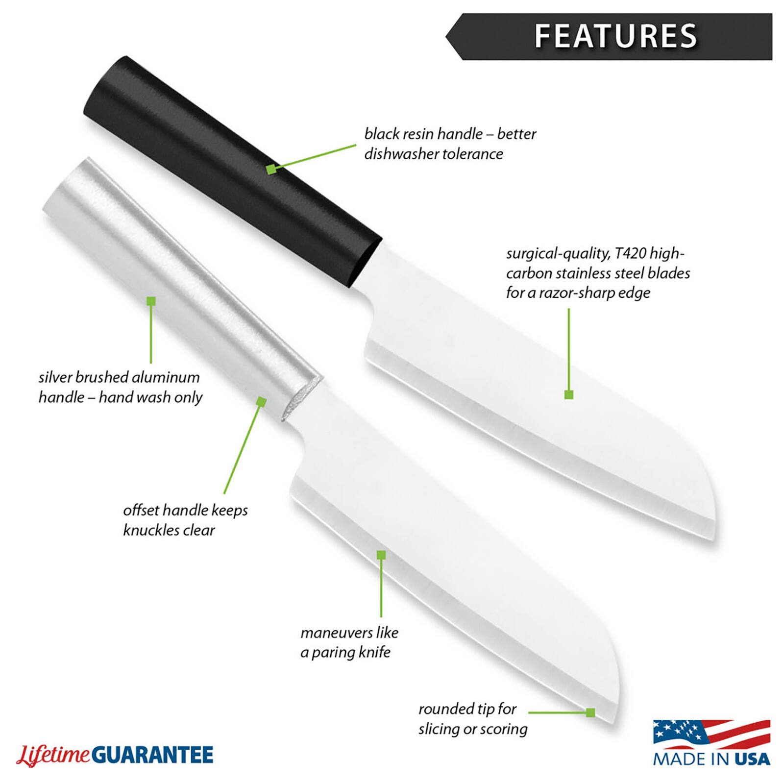 FEATURES
- black resin handle - better dishwasher tolerance
- surgical-quality, T420 high-carbon stainless steel blades for a razor-sharp edge
- silver brushed aluminum handle - hand wash only
- offset handle keeps knuckles clear
- maneuvers like a paring knife
- rounded tip for slicing or scoring

Lifetime GUARANTEE

MADE IN USA