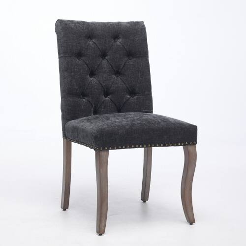 Back. LUCKY ONE - Assembled Tufted Chenille Dining Chair Set of 2 with Curved Solid Wood Legs Club Chair Style - Black.