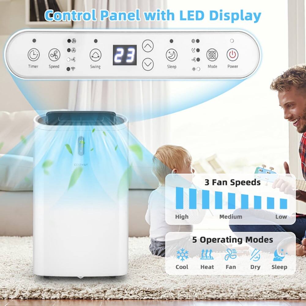 Control Panel with LED Display

Timer Speed of Swing 23 Sleep Mode Power

COSTWAY

3 Fan Speeds High Medium Low

5 Operating Modes Cool Heat Fan Dry Sleep