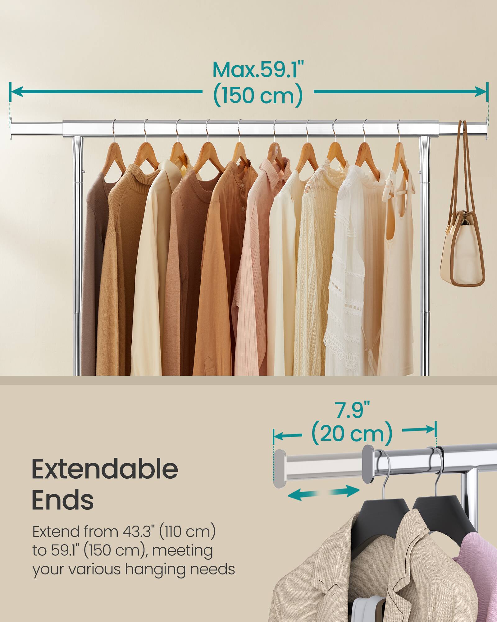 Max. 59.1" (150 cm) Extendable Ends Extend from 43.3" (110 cm) to 59.1" (150 cm), meeting your various hanging needs 7.9" (20 cm)