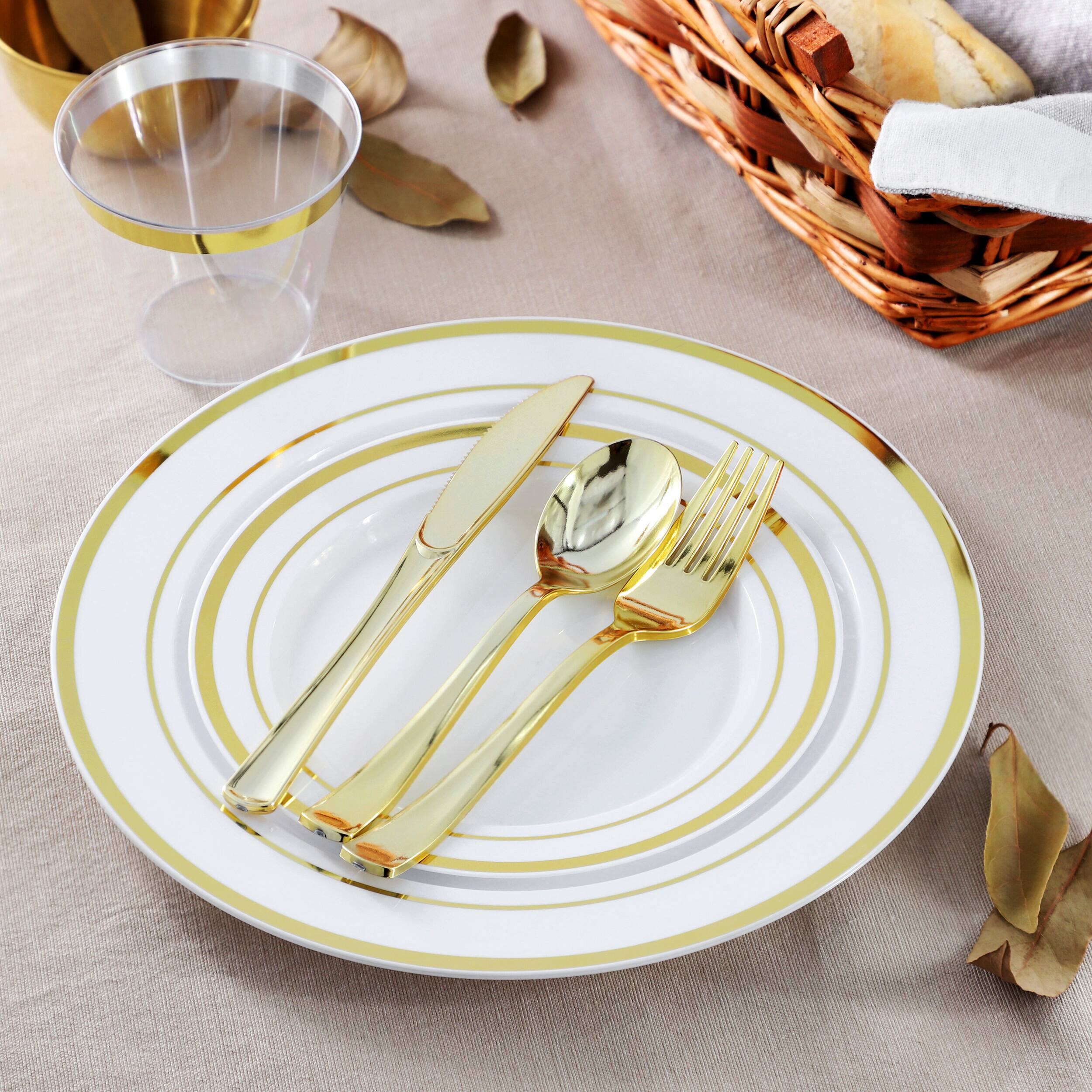 Alt View 8. Elama - Elama 600 Piece Disposable Plastic Dinnerware Party Set for 100 Guests in White with Gold Trim - White.