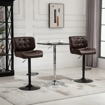 Front. HTUTWOO - Bar Height Bar Stools Set of 2, Adjustable Height,Swivel Barstools with Thick Padded Cushion, for Bar, Kitchen Counter - Brown.