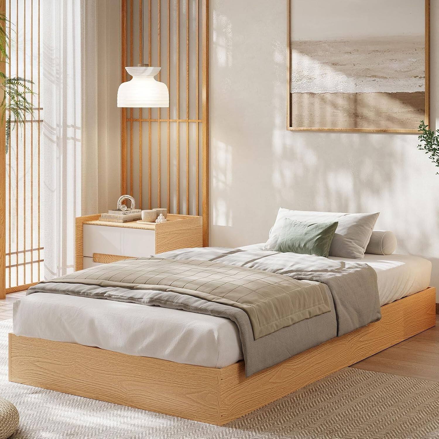 Front. GARVEE - Twin Wood Platform Bed Frame, Minimalist, Slat Support, Orange – Bright, Simple & Durable for Small Spaces - Orange.