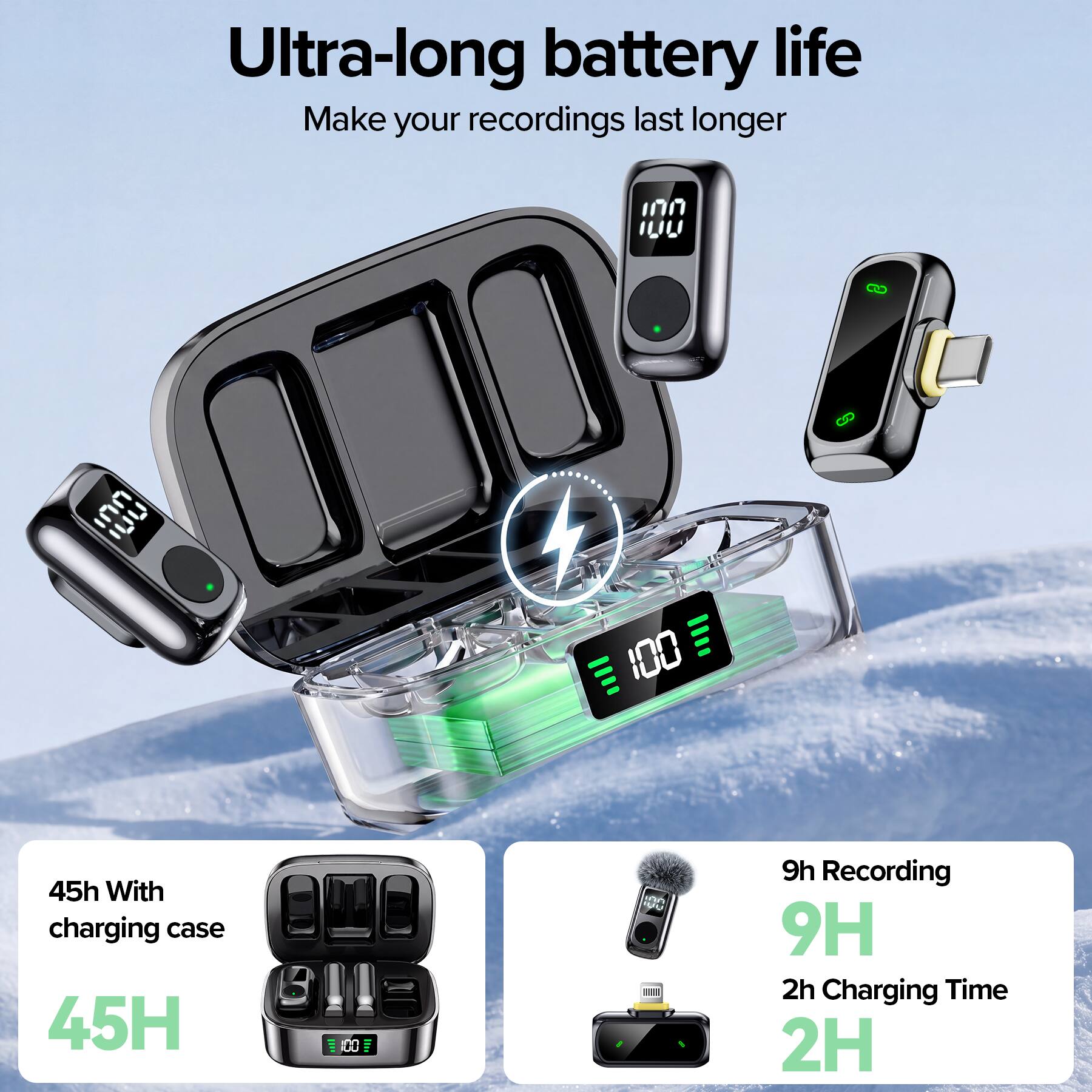 Ultra-long battery life  
Make your recordings last longer

100  
100  
45h With charging case  
45H  
9h Recording  
9H  
2h Charging Time  
2H