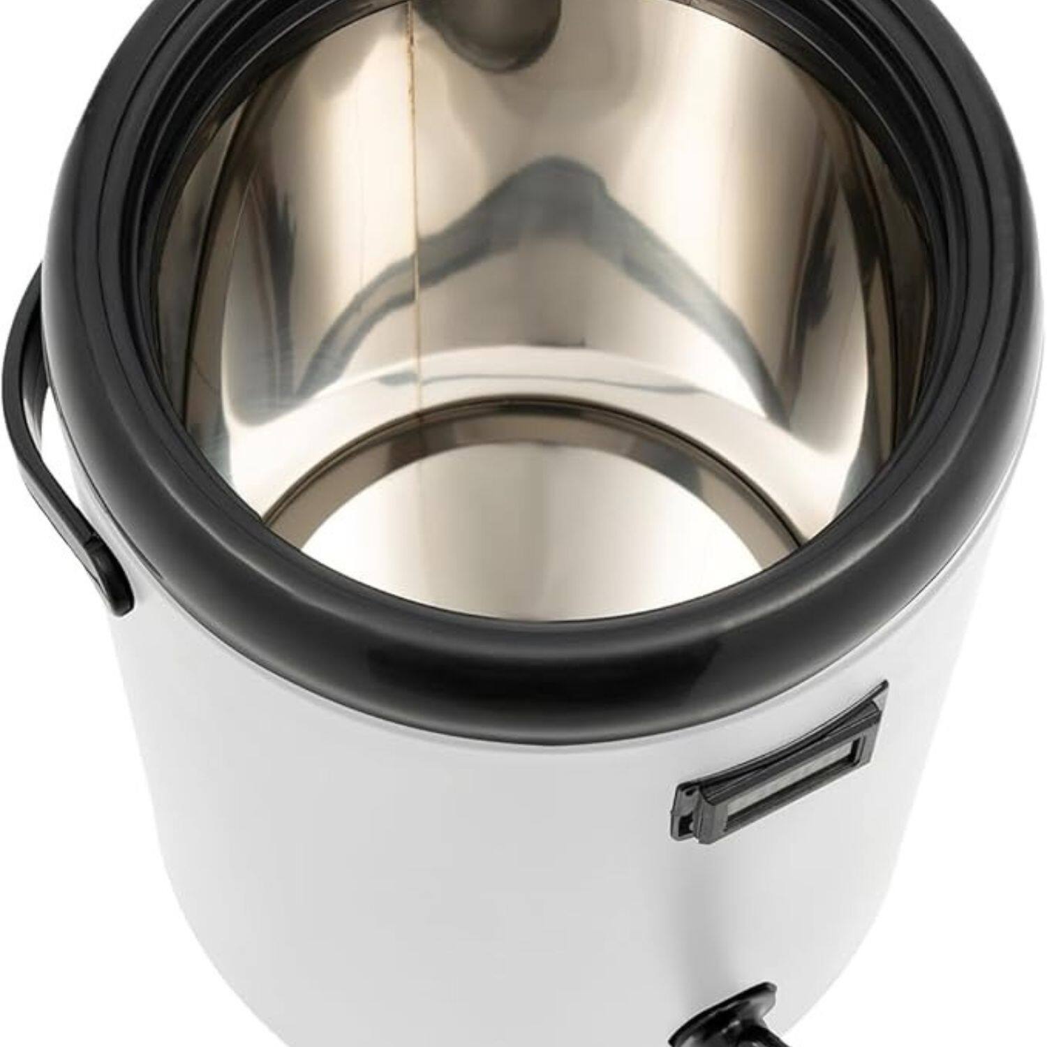 Left. Stock Preferred - 3.17 Gallon Insulated Stainless Steel Beverage Dispenser with Thermometer.