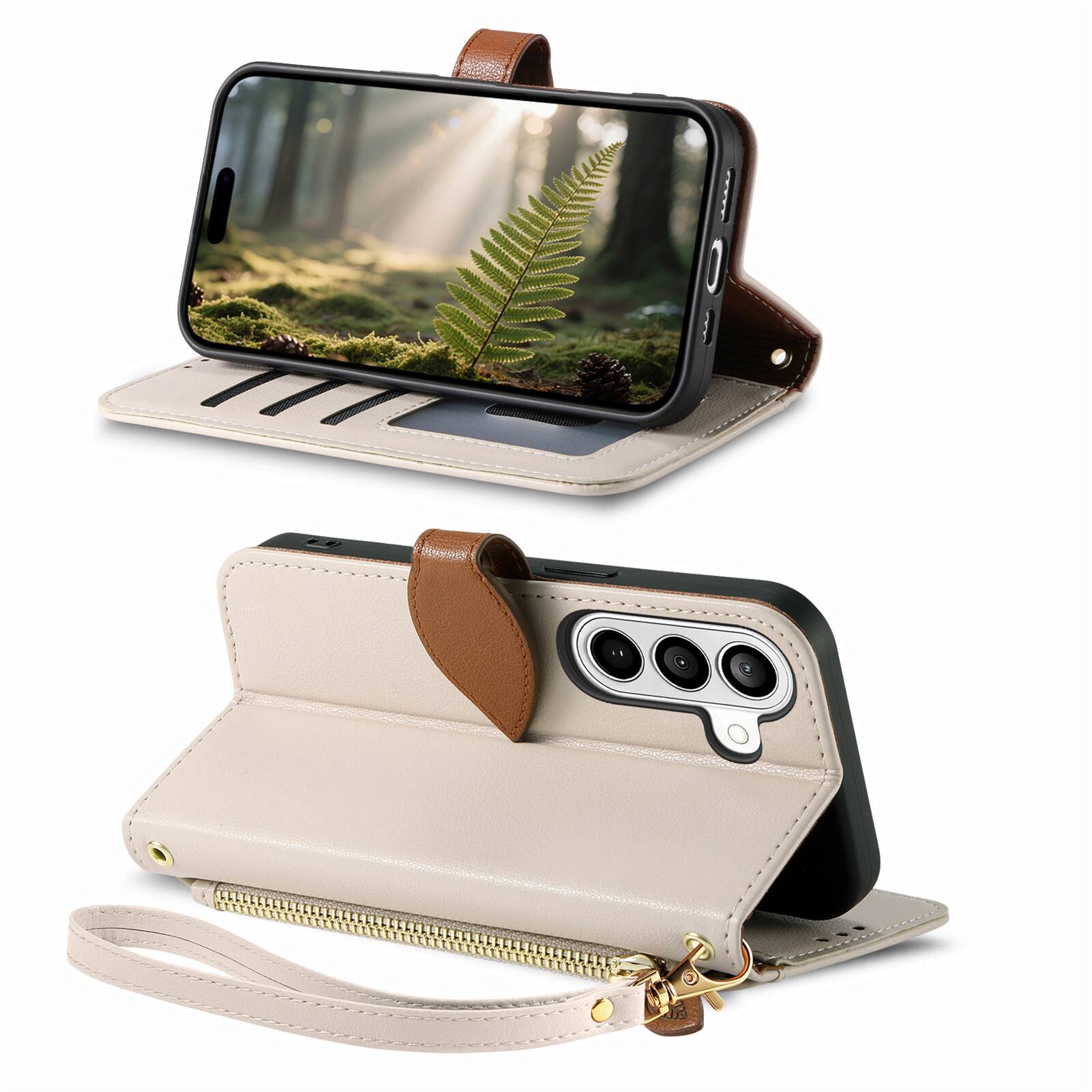 Back. Dteck - for Samsung Galaxy S26+ Wallet Case,PU Leather Flip Zipper Card Slot Leaf-Buckle Shockproof Cover with Wrist Strap - White.