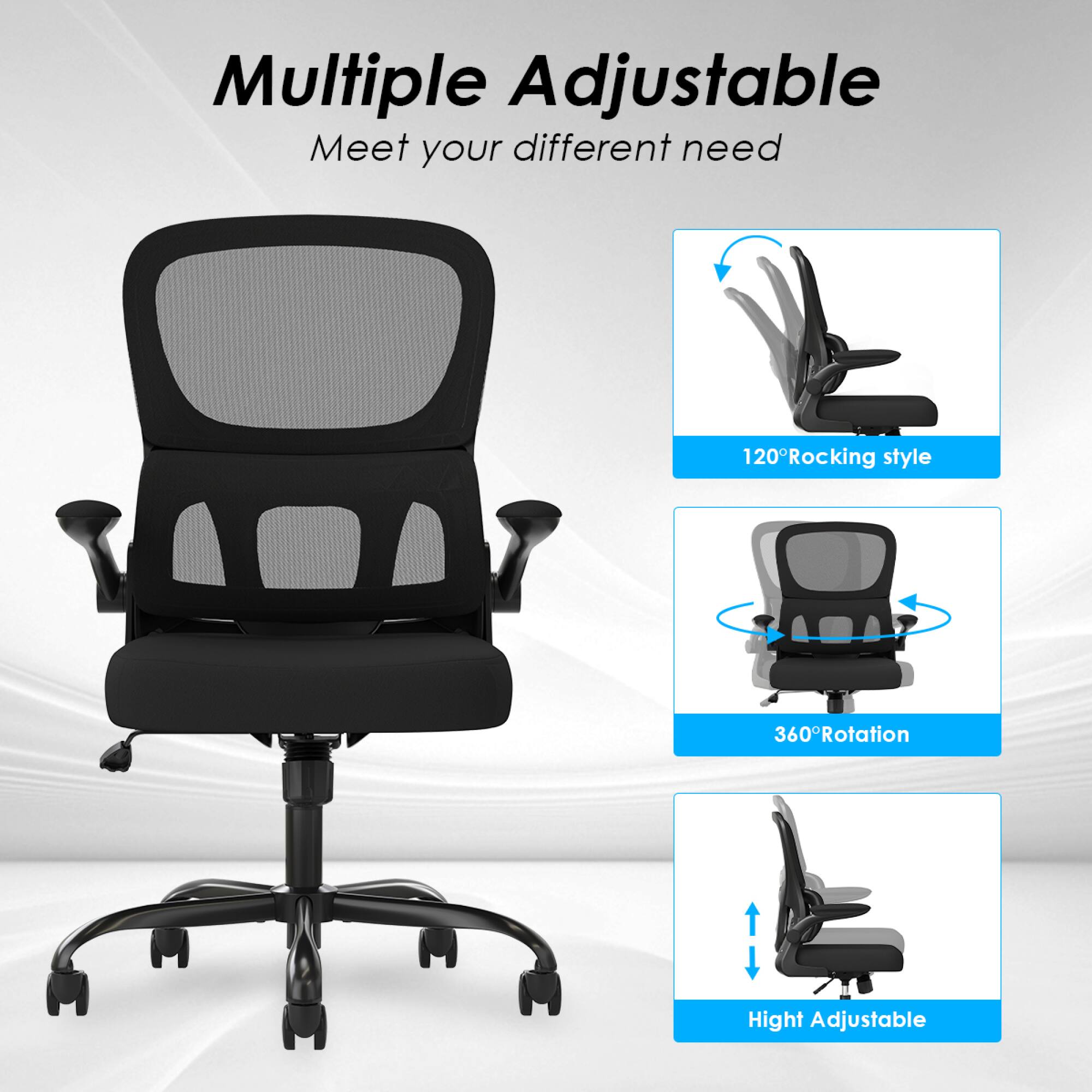 Multiple Adjustable  
Meet your different need  

120° Rocking style  
360° Rotation  
Height Adjustable