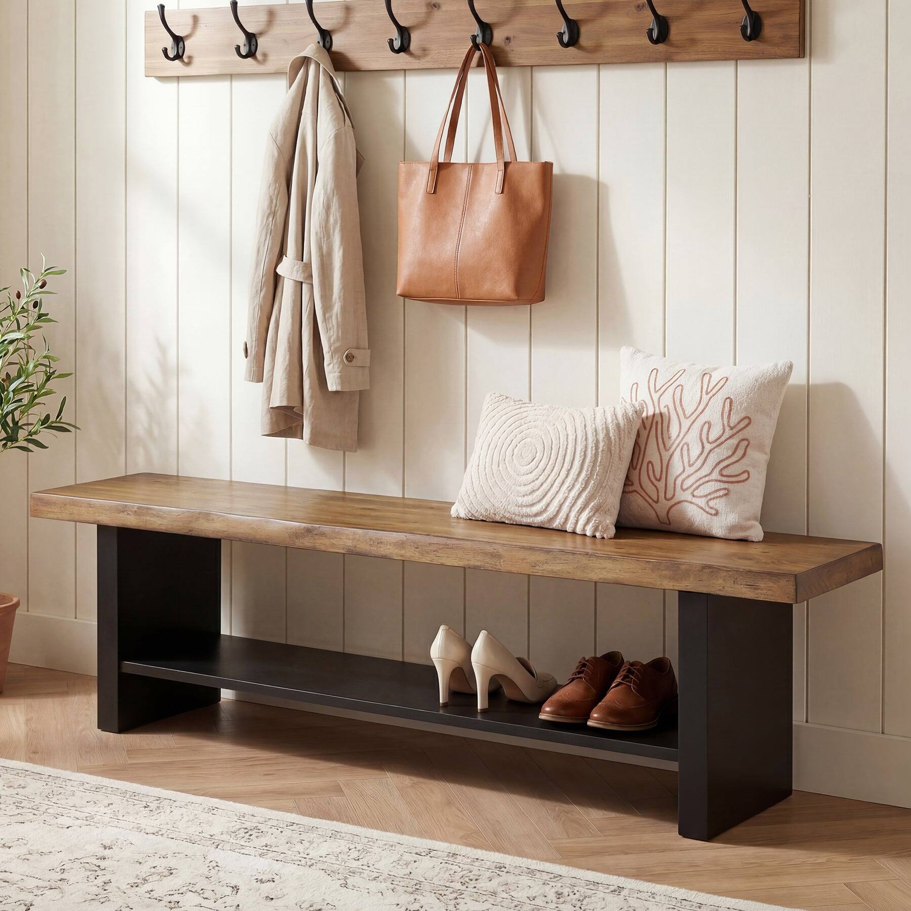 Front. Tribesigns - Office Reception Bench with Solid Wood Construction, Storage Shelves, for Office Entryways and Waiting Areas - Brown.