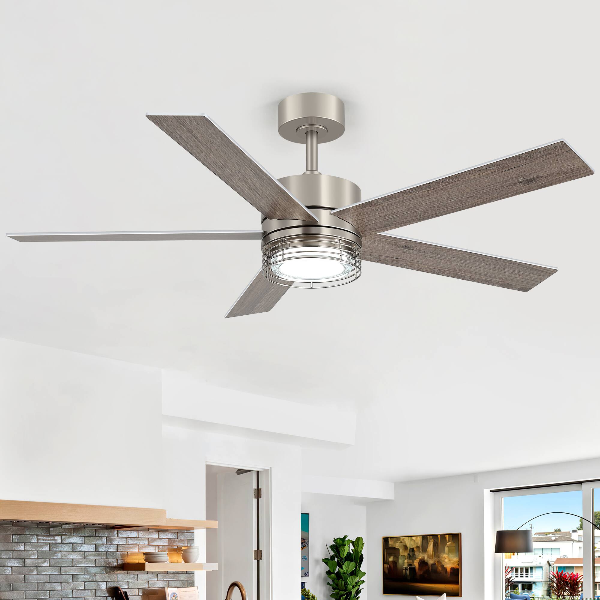 Left. Breezary - 52-Inch LED Ceiling Fan with 5 Reversible Blades, Dimmable 3-Color Light, Quiet DC Motor & Remote, 6&10" Downrods - 52-Inch Brushed Nickel.