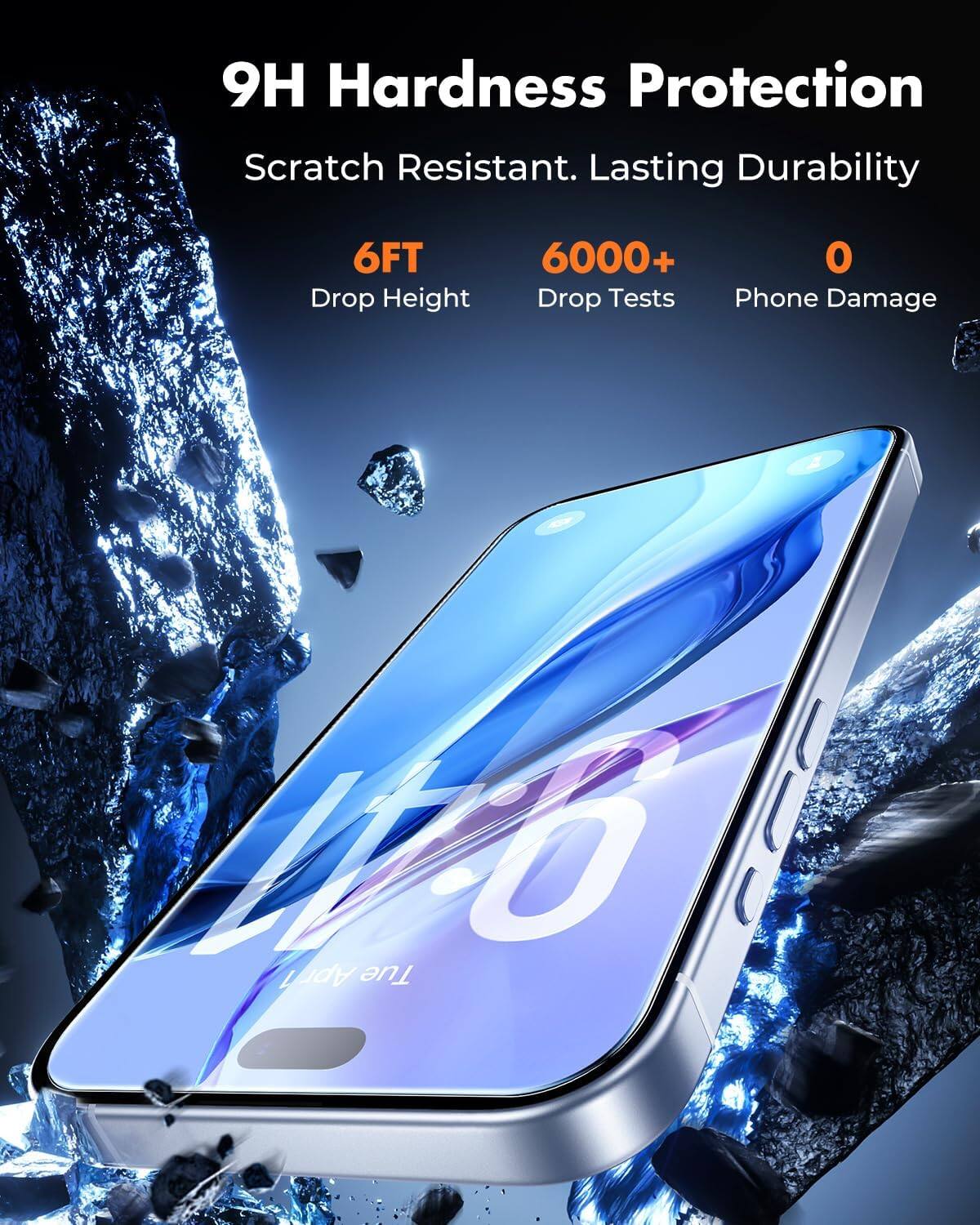 9H Hardness Protection  
Scratch Resistant. Lasting Durability  
6FT Drop Height  
6000+ Drop Tests  
0 Phone Damage