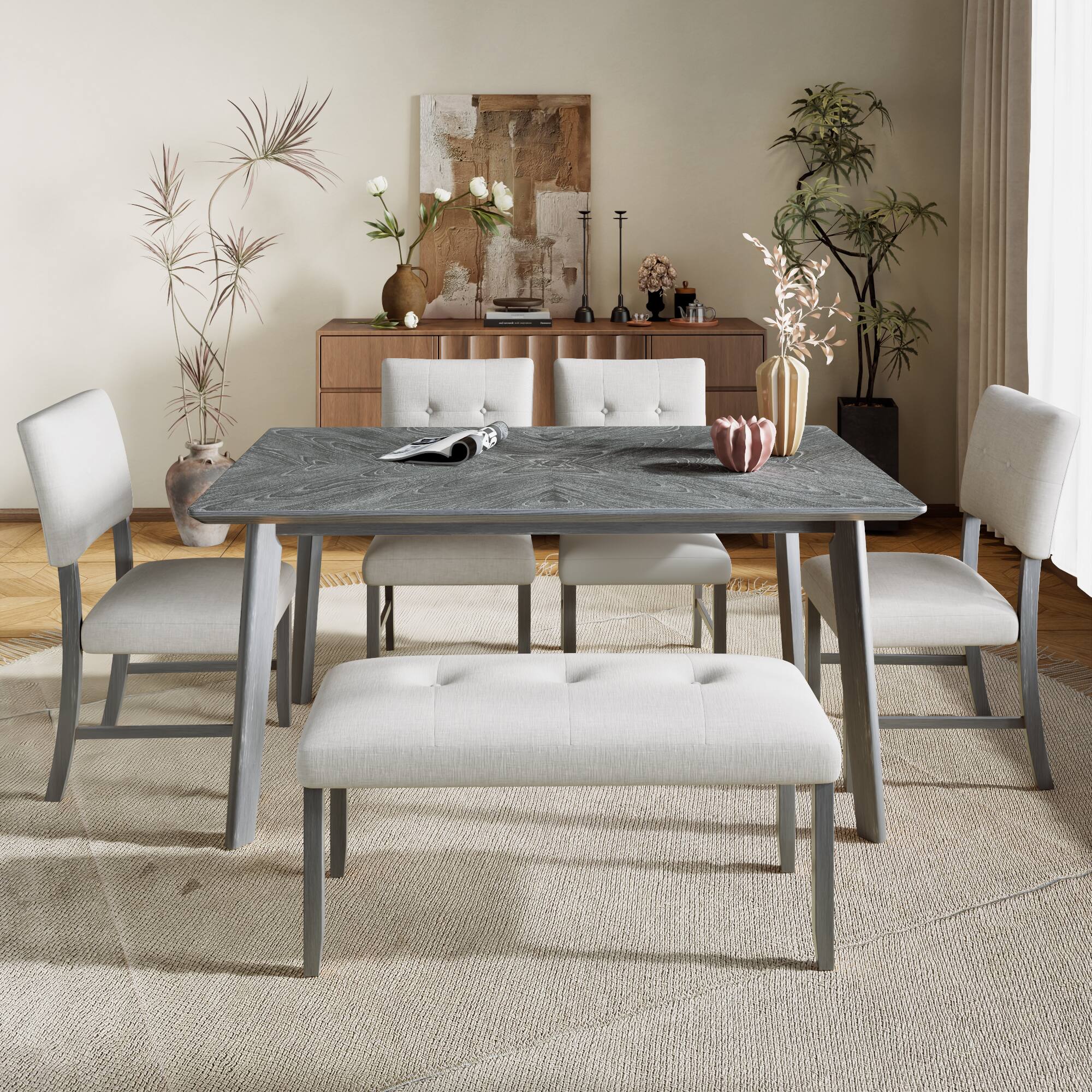 Back. APRILSOUL - 6 Piece Dining Room Table Set Farmhouse Dining Room Rectangular Table with 4 Upholstered Chairs and Bench Solid Wood - Gray.