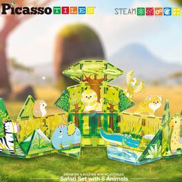 PicassoTiles - 48 PC Safari Themed, Magnetic Tiles, Magnetic Building Blocks for Kids 3+