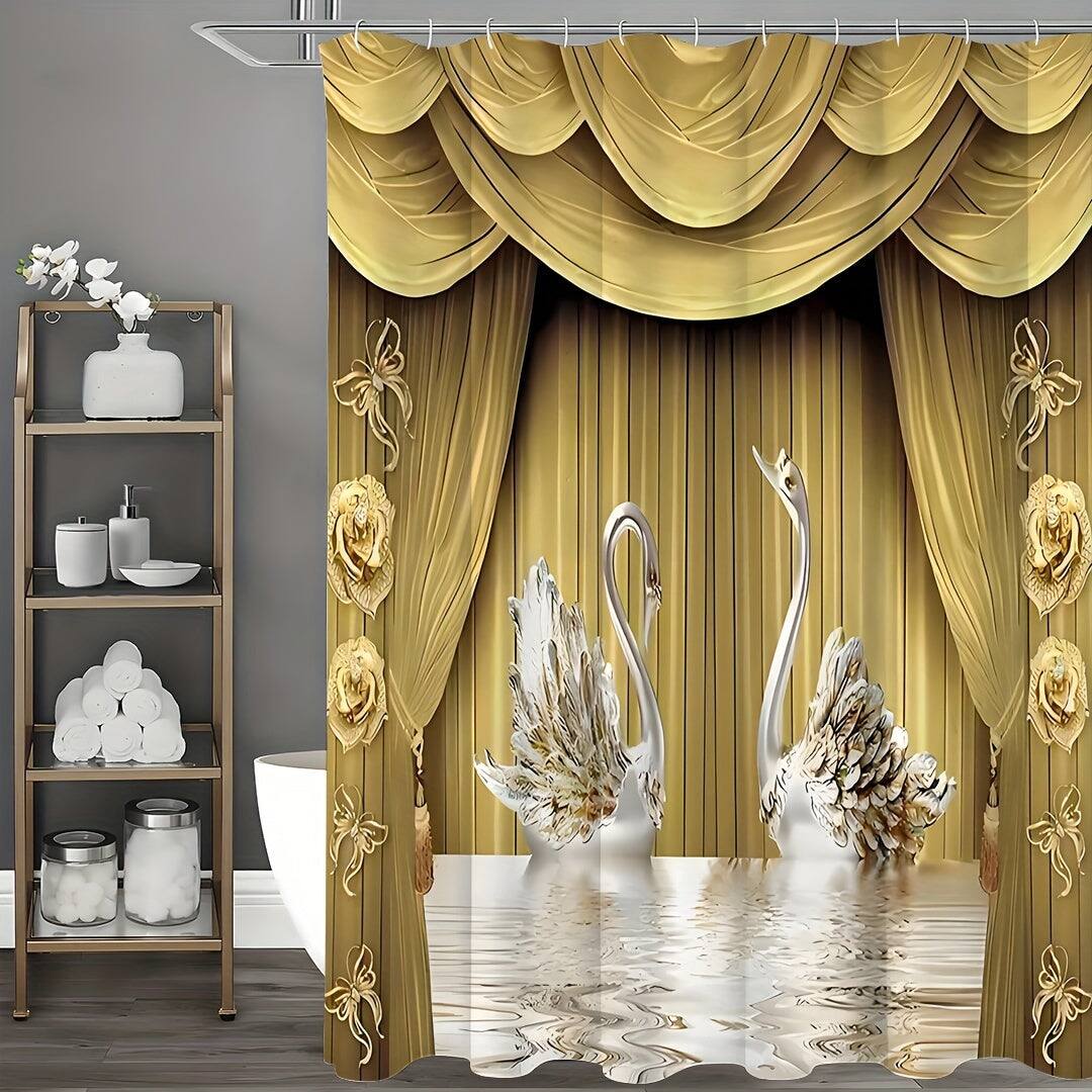 Front. blue - 1pcs Golden Floral Swan Printed Shower Curtain Set, Waterproof Bathroom Partition Curtain With Hooks - golden200*180cm.