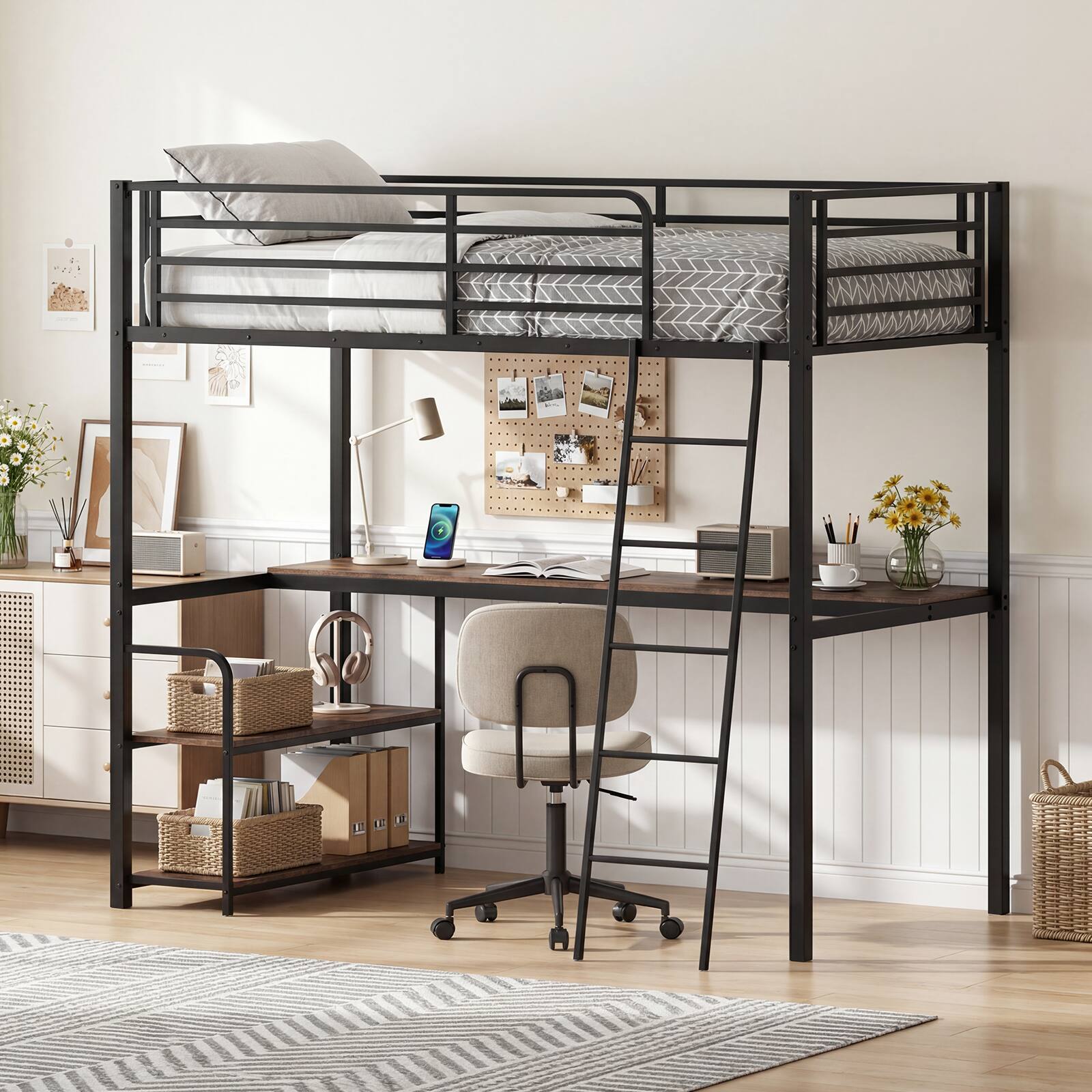 Alt View 5. Costway - Costway Twin Loft Bed with Desk & Shelves, Heavy Duty Bed Frame with Charging Station - Rustic Brown & Black.