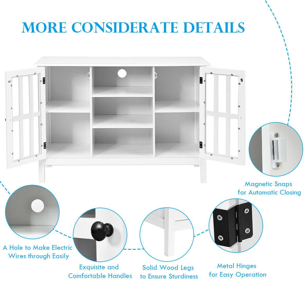 The text on the image is already grouped and correctly written. It reads: "More Considerate Details Magnetic Snaps for Automatic Closing A Hole to Make Electric Wires through Easily Exquisite and Solid Wood Legs Metal Hinges Comfortable Handles to Ensure Sturdiness for Easy Operation."