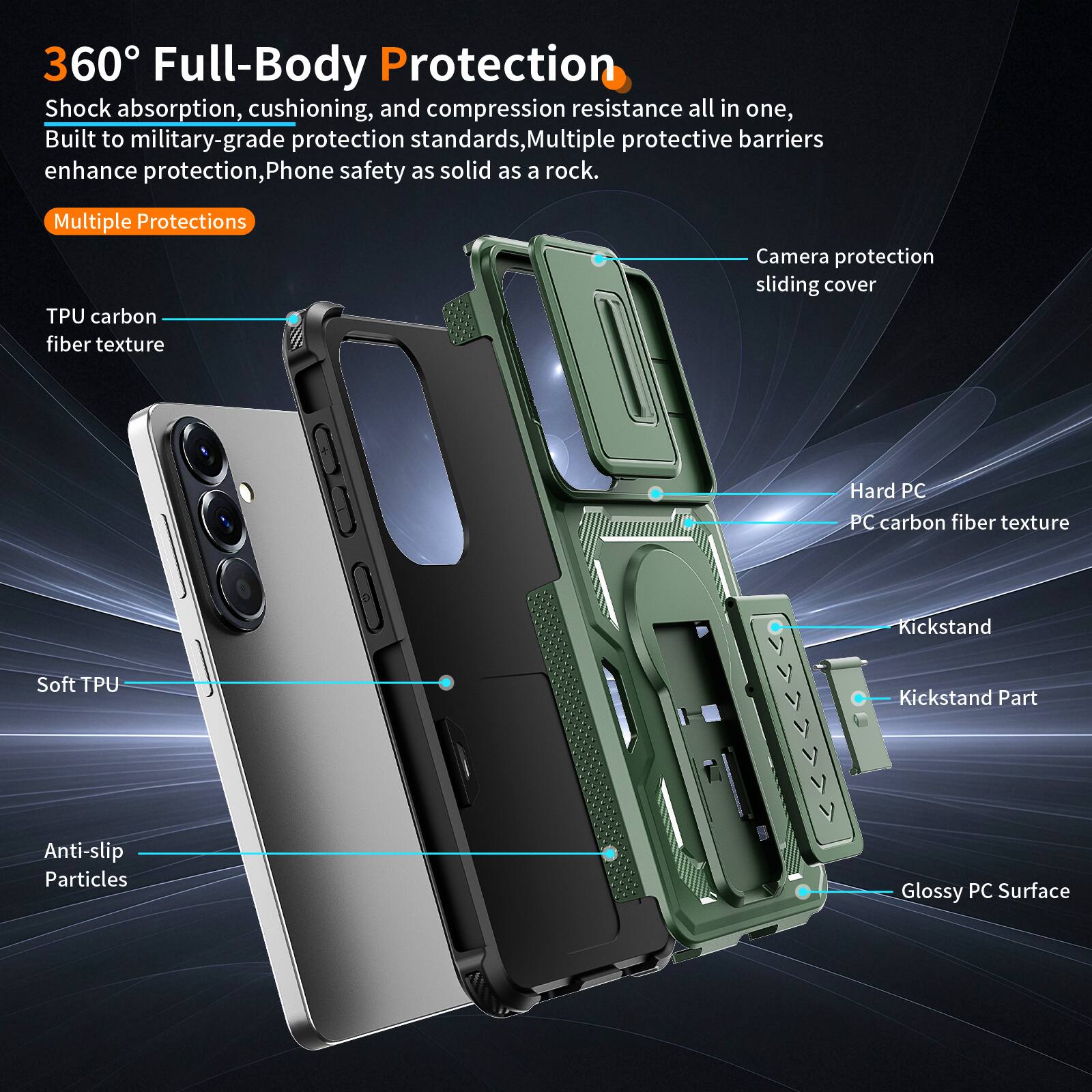 360° Full-Body Protection  
Shock absorption, cushioning, and compression resistance all in one, Built to military-grade protection standards, Multiple protective barriers enhance protection, Phone safety as solid as a rock.  

Multiple Protections  
- TPU carbon fiber texture  
- Camera protection sliding cover  
- Hard PC PC carbon fiber texture  
- Soft TPU  
- Kickstand  
- Kickstand Part  
- Anti-slip Particles  
- Glossy PC Surface