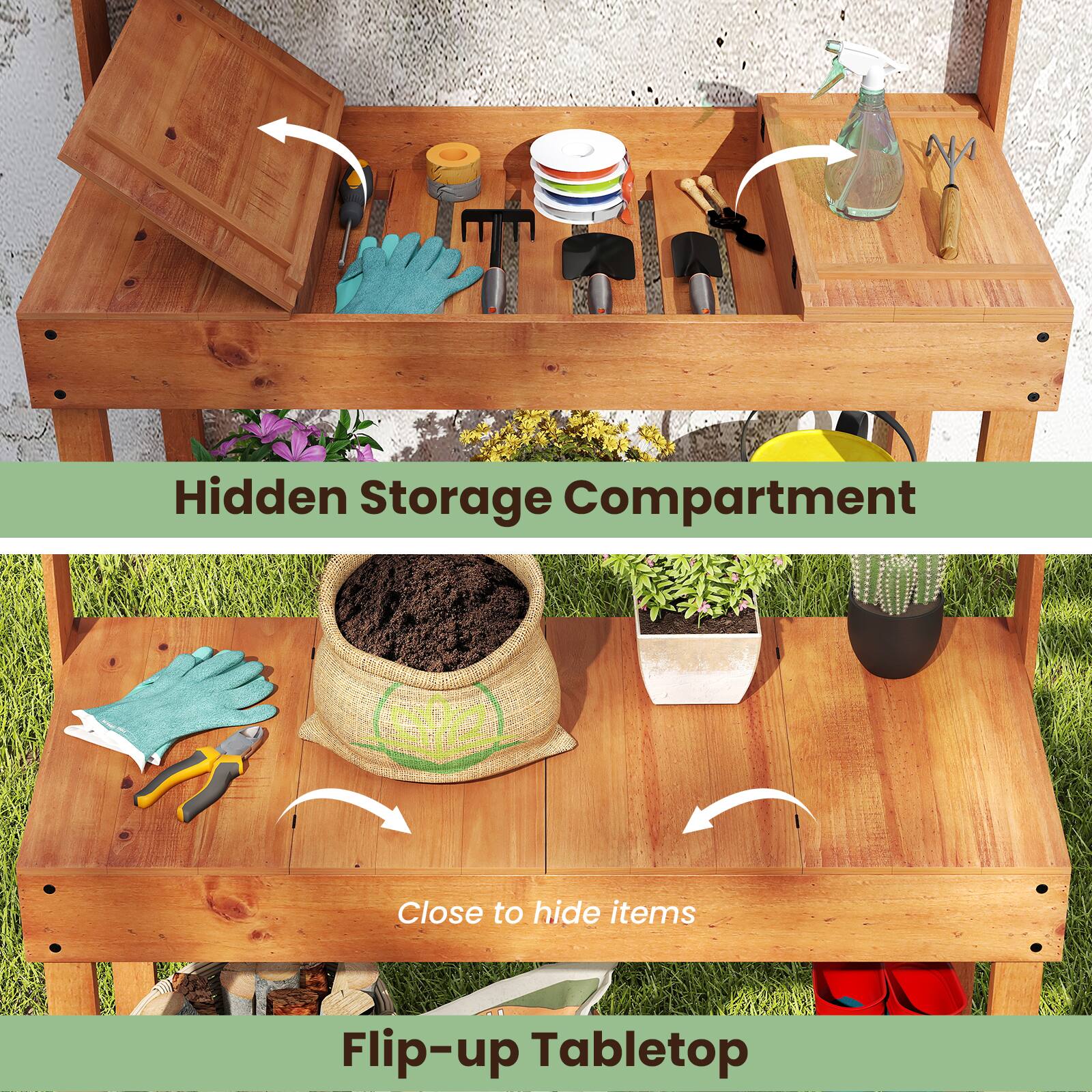 Hidden Storage Compartment  
Close to hide items  
Flip-up Tabletop