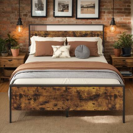 Front. Kadyn - Platform Bed Frame, Bedroom Bed Frame,Full Metal Bed Frame Industrial Platform Bed with Wooden Headboard-Full Size - Brown.