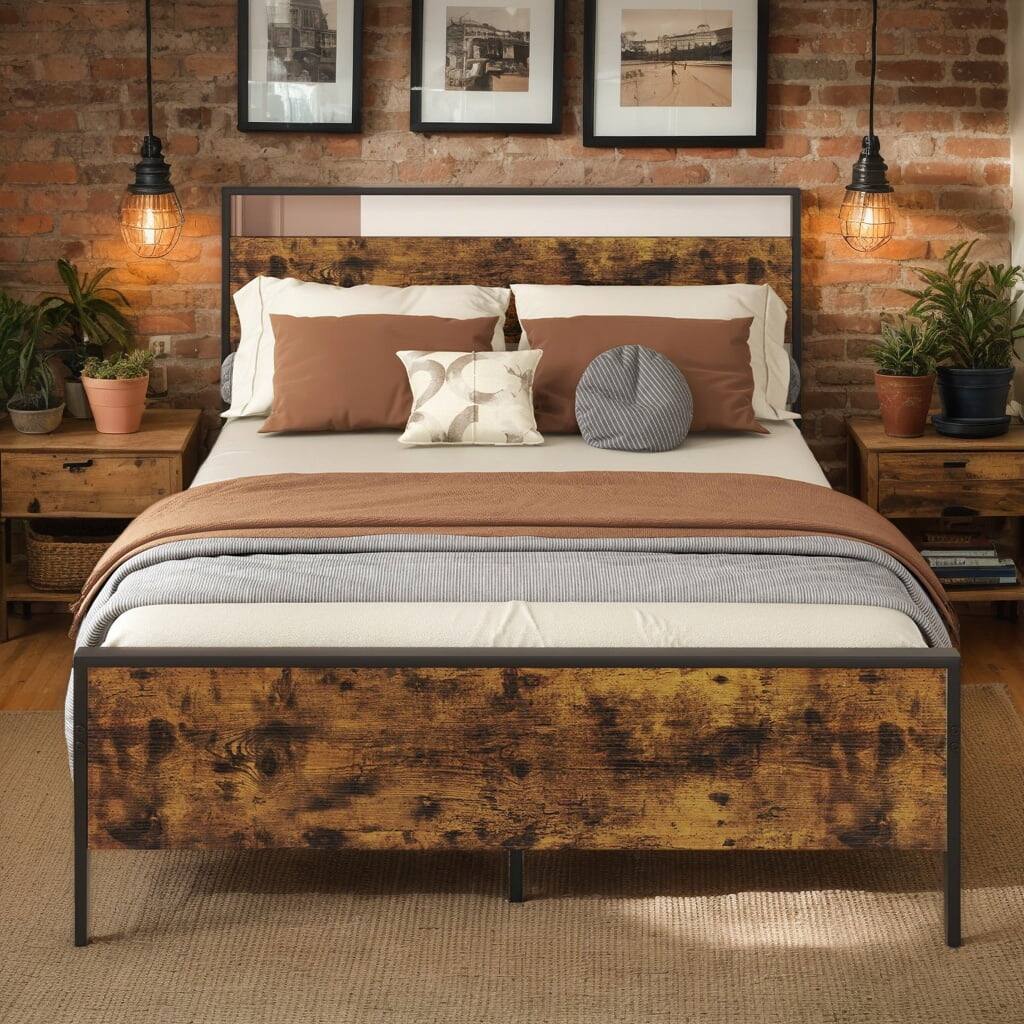 Front. Kadyn - Platform Bed Frame, Bedroom Bed Frame,Full Metal Bed Frame Industrial Platform Bed with Wooden Headboard-Full Size - Brown.