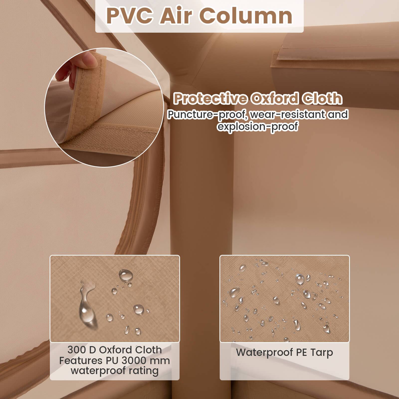 PVC Air Column

Protective Oxford Cloth
- Puncture-proof
- Wear-resistant
- Explosion-proof

300 D Oxford Cloth
- Features PU 3000 mm waterproof rating

Waterproof PE Tarp