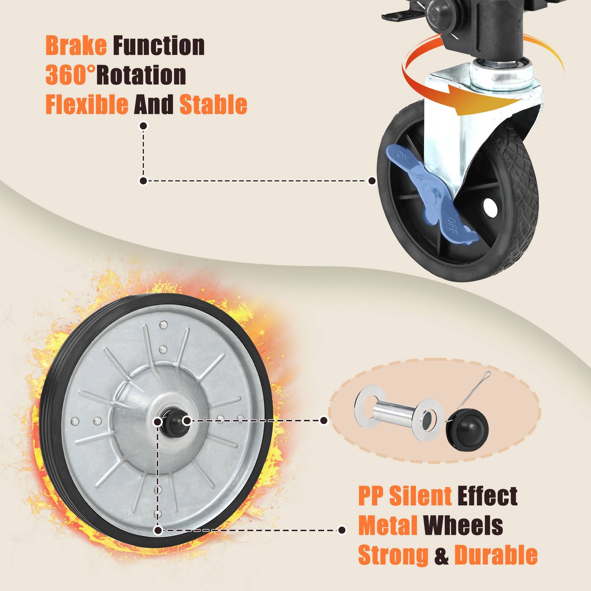 Brake Function  
360° Rotation  
Flexible And Stable  

PP Silent Effect  
Metal Wheels  
Strong & Durable