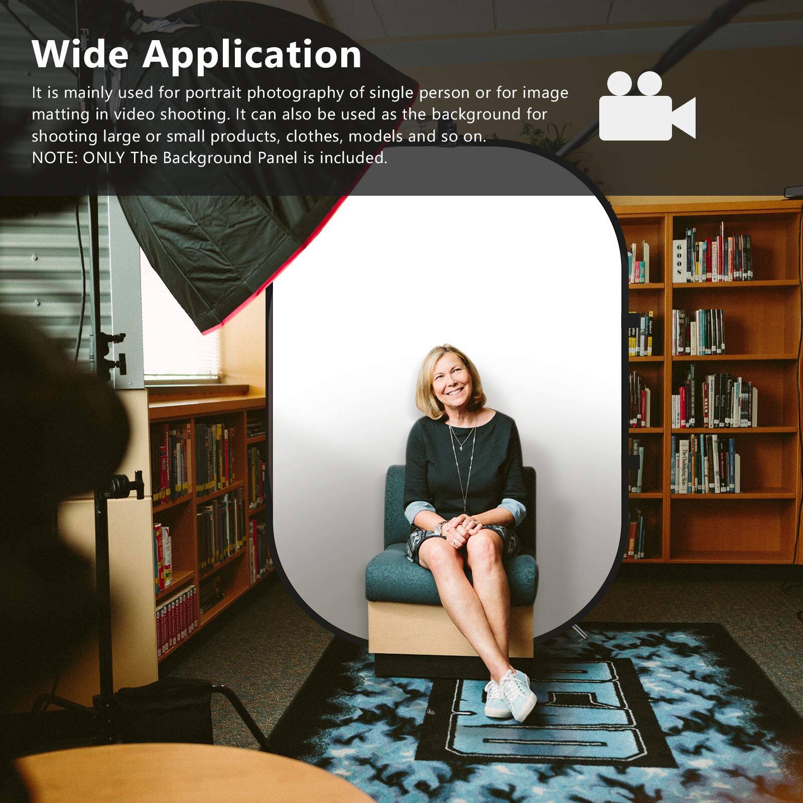 Wide Application

It is mainly used for portrait photography of single person or for image matting in video shooting. It can also be used as the background for shooting large or small products, clothes, models and so on.

NOTE: ONLY The Background Panel is included.