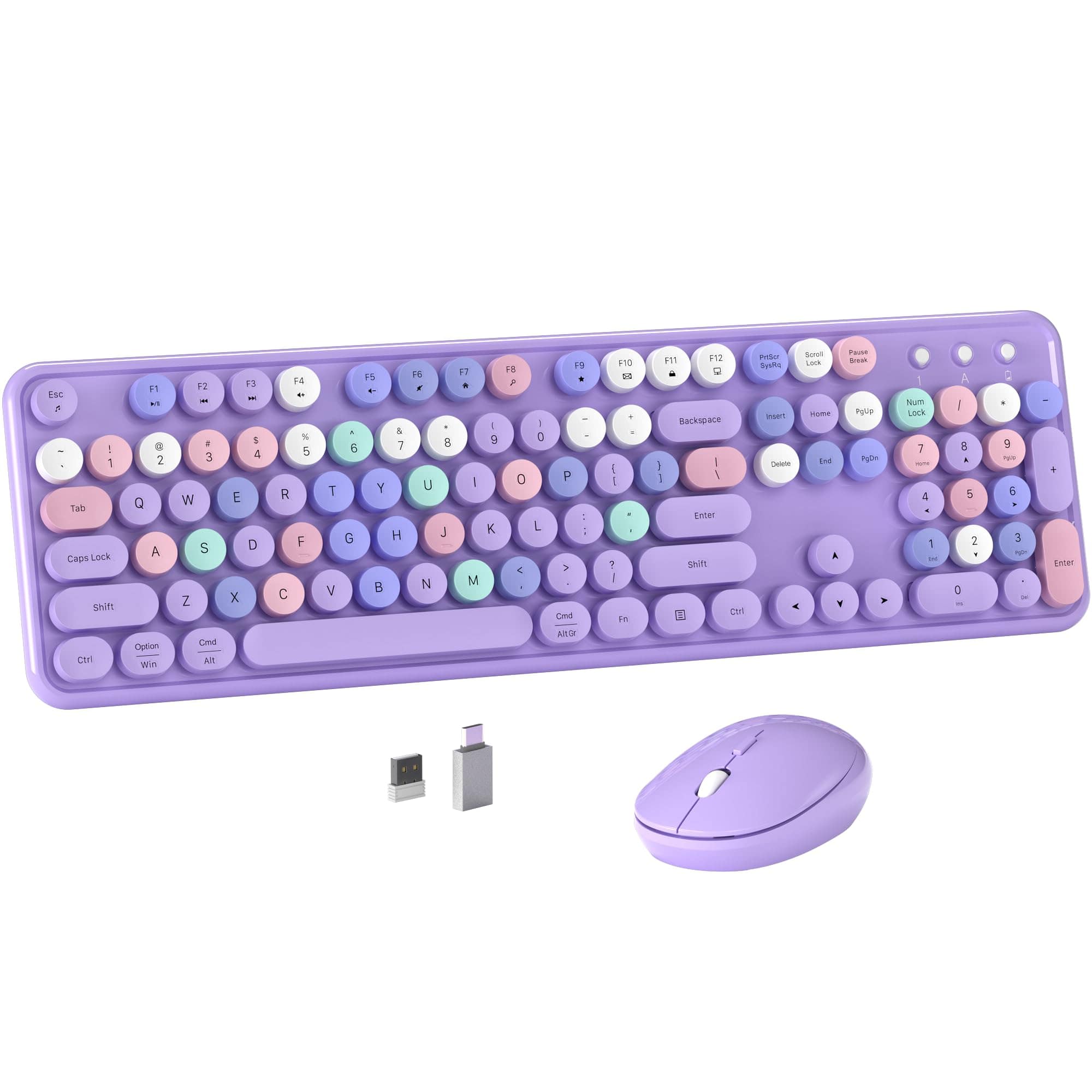 TECH SAFARI - Colorful Wireless Computer And Mouse Combo With Round Typewriter Keycaps Retro Design Power For Windows Pc - Purple-Colorful