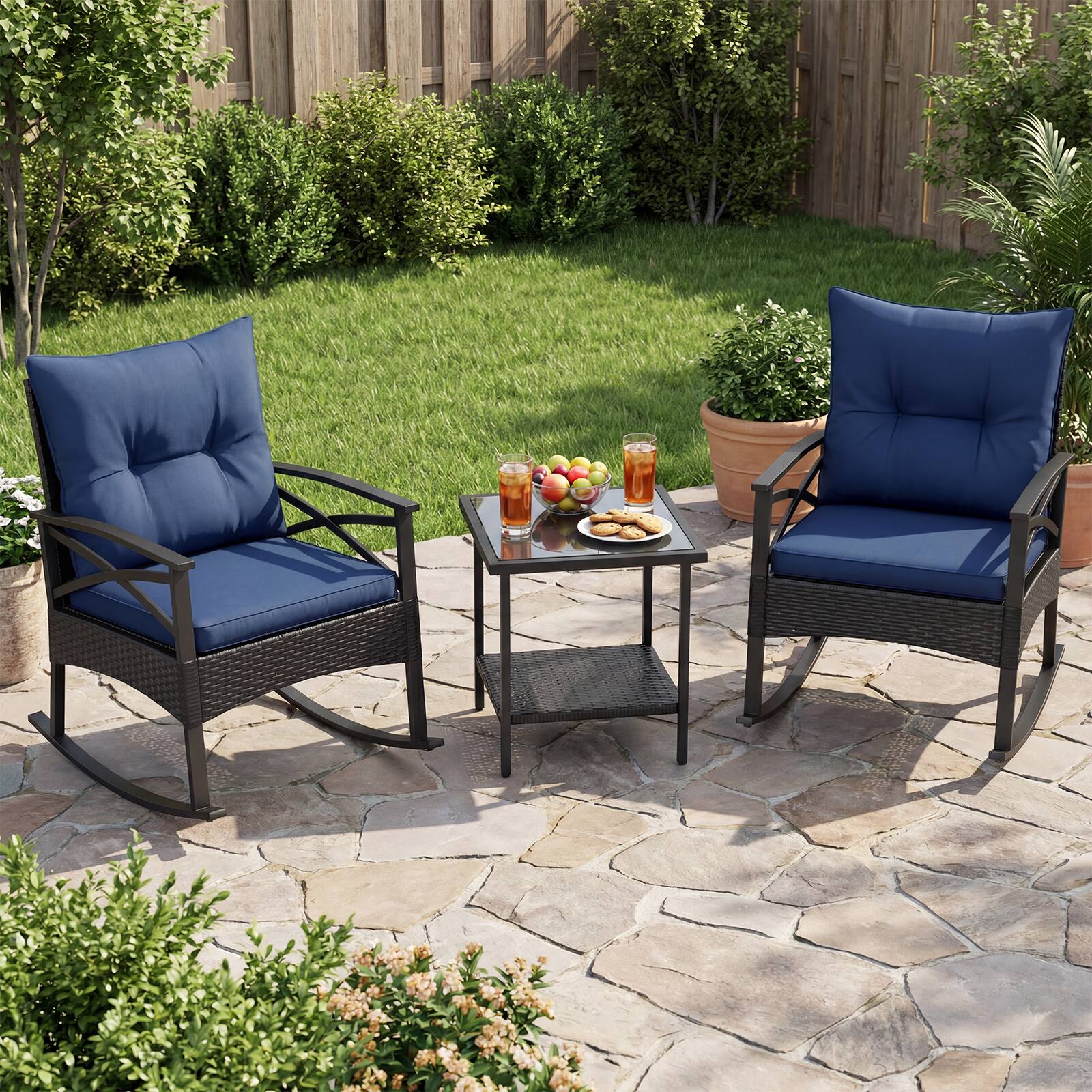 Alt View 1. Gymax - Gymax Set of 3 Rattan Rocking Bistro Set w/Tempered Glass Tabletop & Cushions for Porch Navy - Blue.