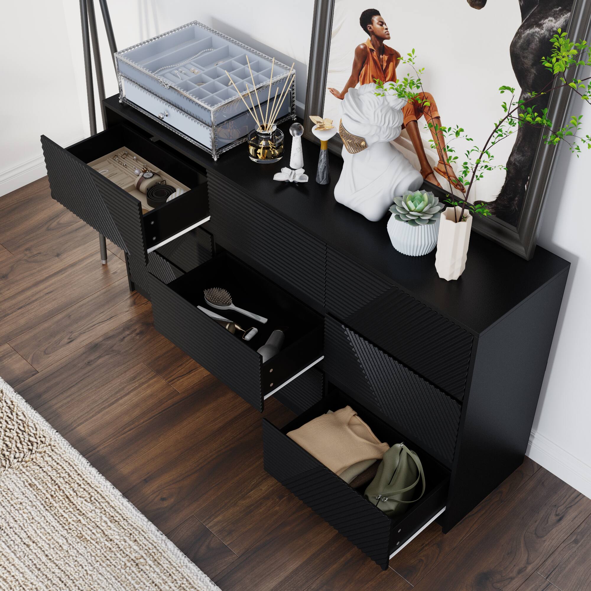 Alt View 1. Famapy - Famapy Textured 9 Drawers Dresser: Geometric Design & Anti - Tip Safety - Black.