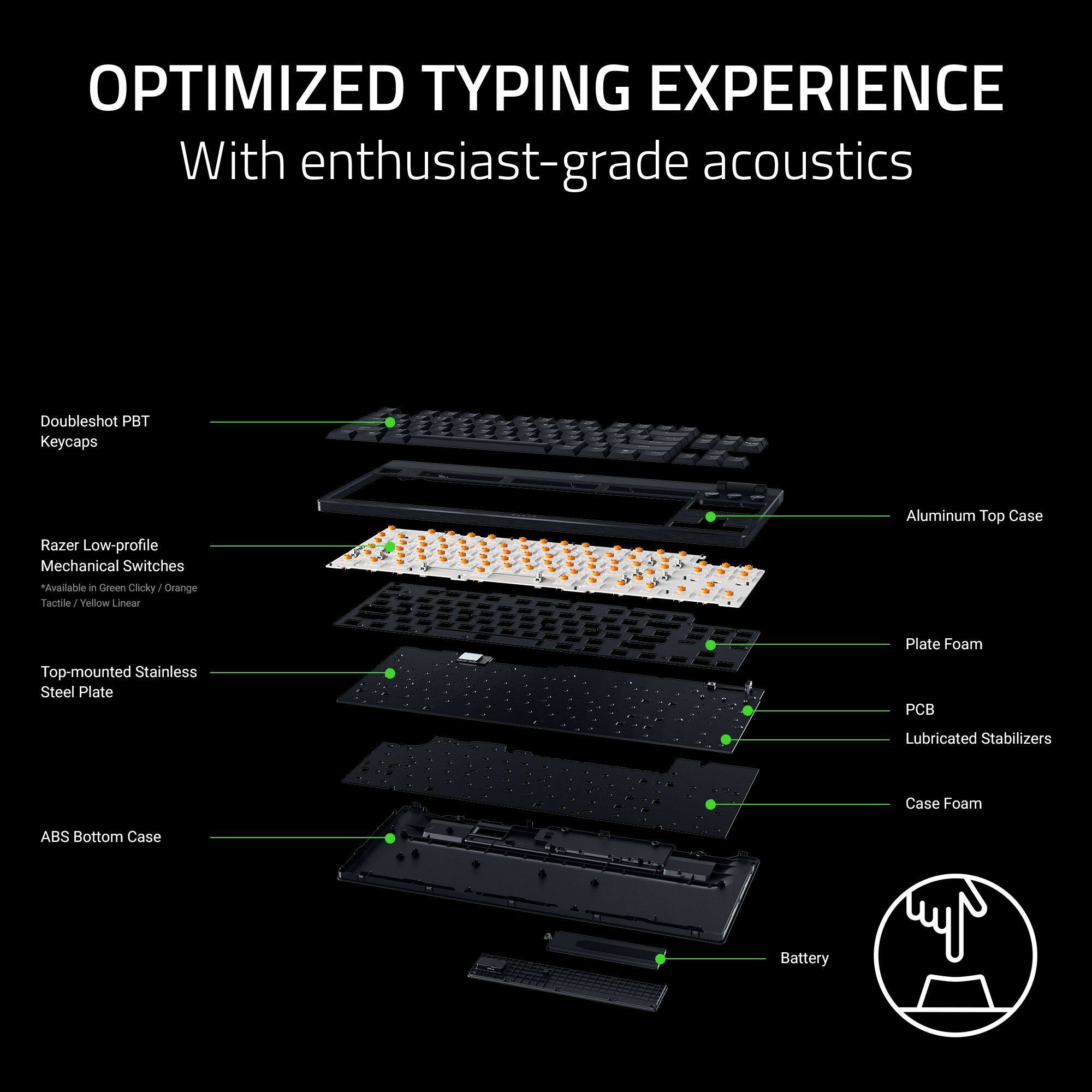 Here is the corrected and grouped text:

**Optimized Typing Experience with Enthusiast-Grade Acoustics**

- **Doubleshot PBT Keycaps**
- **Razer Low-profile Mechanical Switches** (Available in Green Clicky, Orange Tactile, Yellow Linear)
- **Aluminum Top Case Plate**
- **Top-mounted Stainless Steel Plate**
- **PC Lubricated Stabilizers**
- **Case Foam**
- **ABS Bottom Case**
- **Battery**