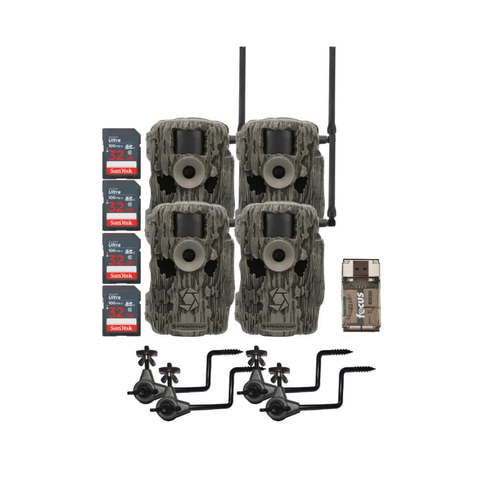 Stealth Cam - (4) Fusion MAX Dual Sim 36MP Trail Camera with Holder and 32GB Cards