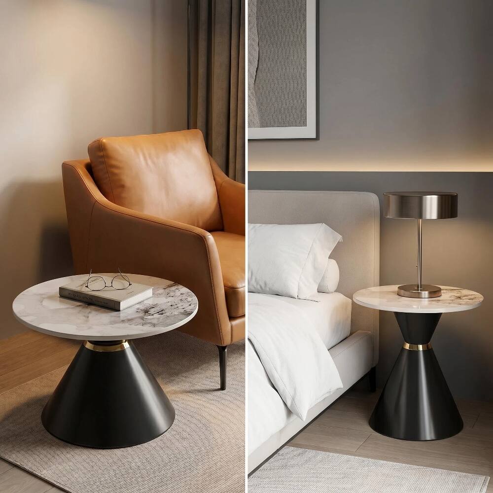 Alt View 1. Loheer - Loheer Round Nesting Coffee Table Set of 2 Sintered Stone Top Black Pedestal Base - Black and Gold.