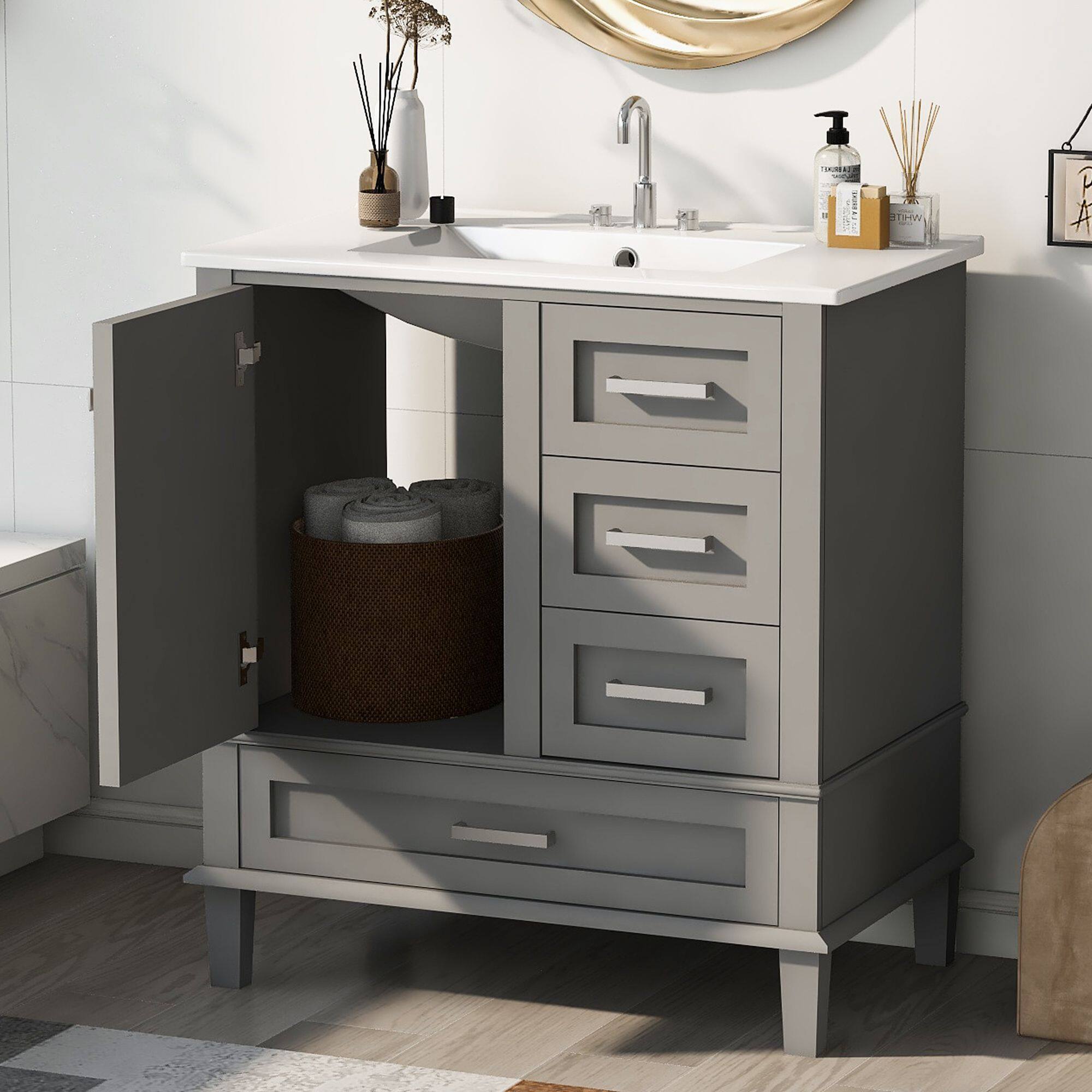Left. Mirfee - 30" Bathroom Vanity with Sink Combo, Soft Close Door, 3 Drawers, Solid Wood - Grey.