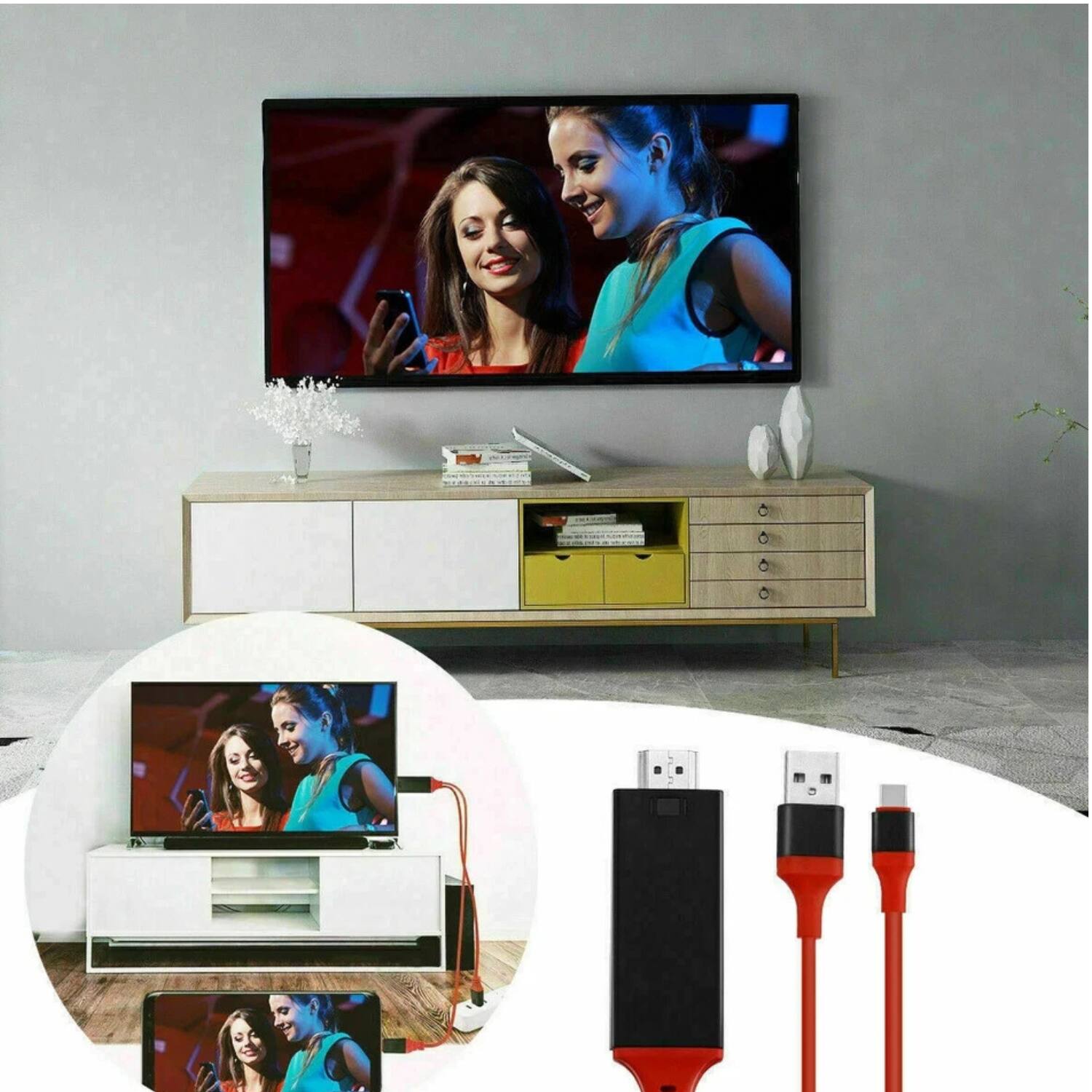 Left. Stock Preferred - USB-C/USB-A to HDMI Cable Red HDTV 4K 60Hz HDMI for Samsung, MacBook, Android & iPhone.