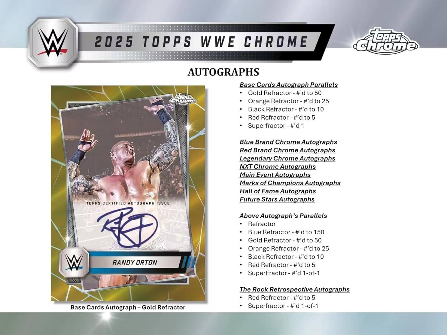 W 2025 TOPPS WWE CHROME AUTOGRAPHS

Base Cards Autograph Parallels
- Gold Refractor - #d to 50
- Orange Refractor - #d to 25
- Black Refractor - #d to 10
- Red Refractor - #d to 5
- Superfractor - #d 1

TOPPS CERTIFIED AUTOGRAPH ISSUE

Blue Brand Chrome Autographs
Red Brand Chrome Autographs
Legendary Chrome Autographs
NXT Chrome Autographs
Main Event Autographs
Marks of Champions Autographs
Hall of Fame Autographs
Future Stars Autographs

Above Autograph's Parallels
- Refractor
- Blue Refractor - #d to 150
- Gold Refractor - #d to 50
- Orange Refractor - #d to 25
- Black Refractor - #d to 10
- Red Refractor - #d to 5
- SuperFractor - #d 1-of-1

The Rock Retrospective Autographs
- Red Refractor - #d to 5
- Superfractor - #d