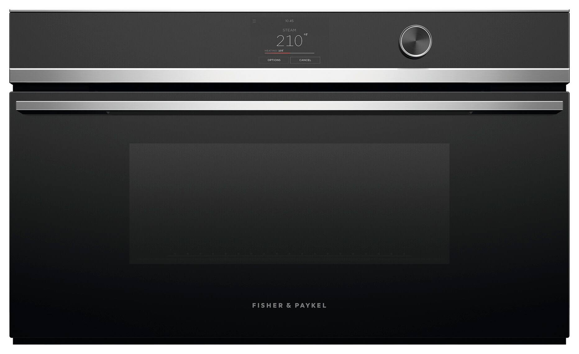 The text on the image reads: "10.4% Steam F 210°C READY SOON OPTIONS CANCEL FISHER & PAYKEL."