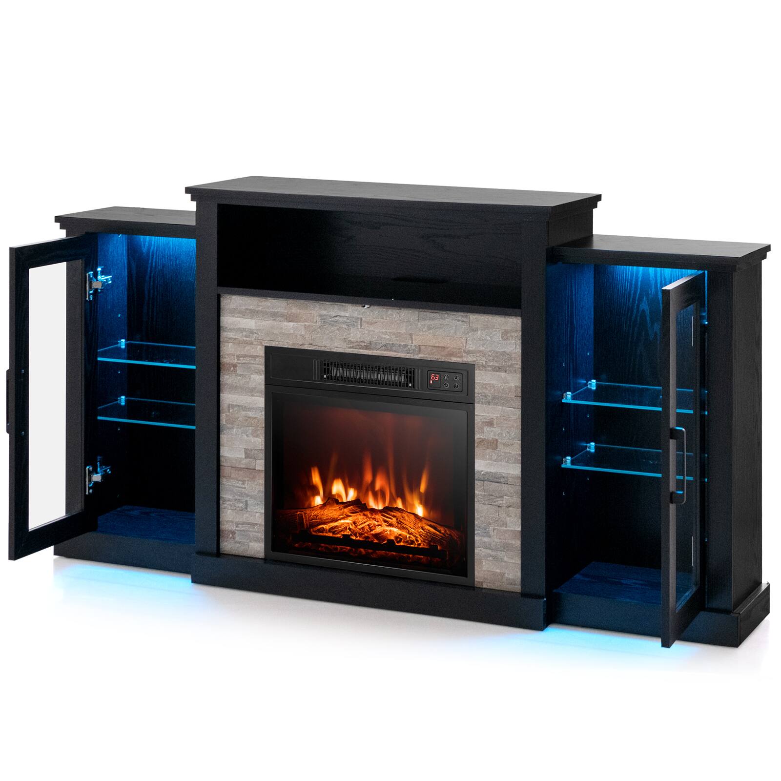 Back. SlickBlue - Modern TV Stand with Fireplace Insert and 16-Color LED Light Entertainment Center - Black.