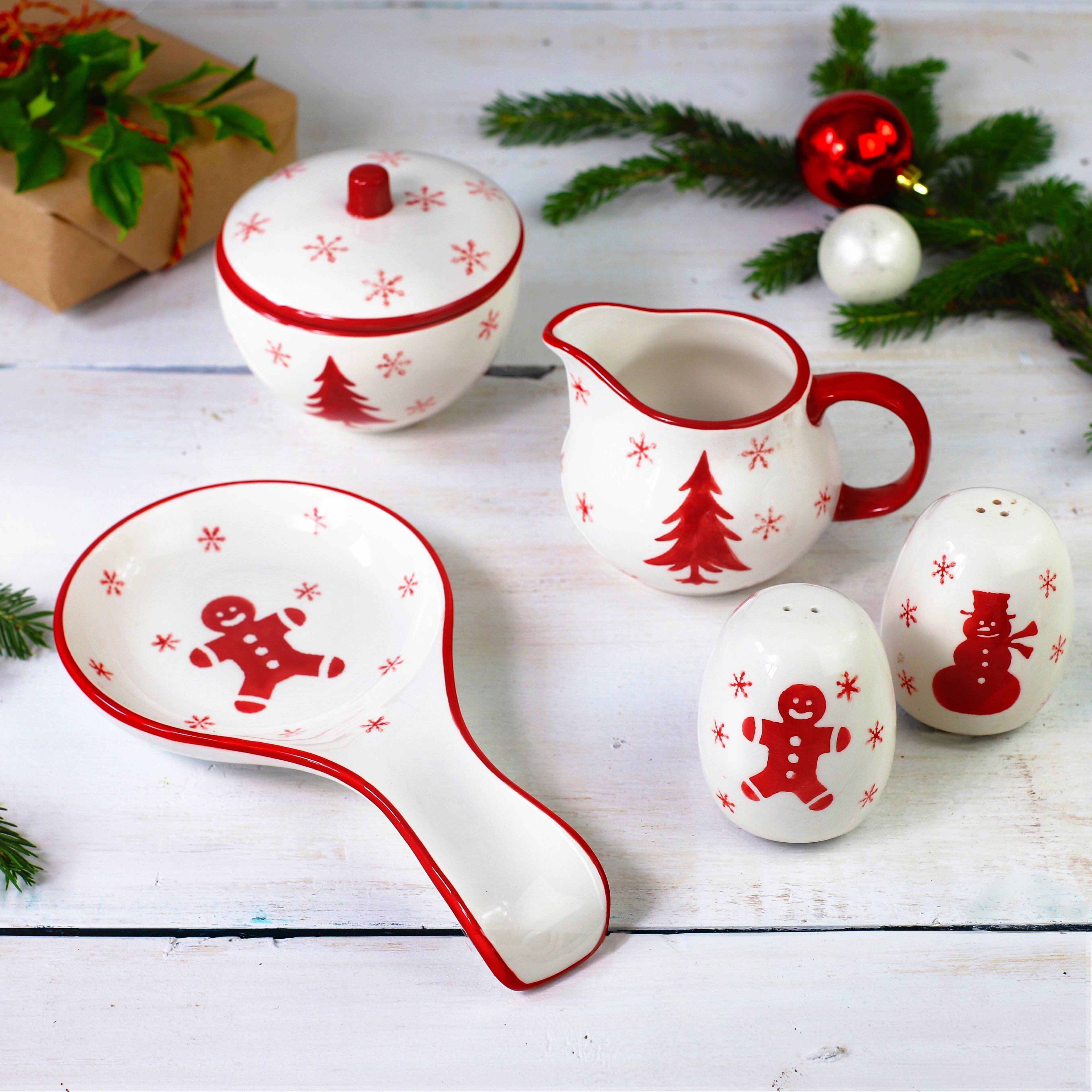 Angle. Euro Ceramica Home - Winterfest 5 Piece Accessory Set - White and Red.
