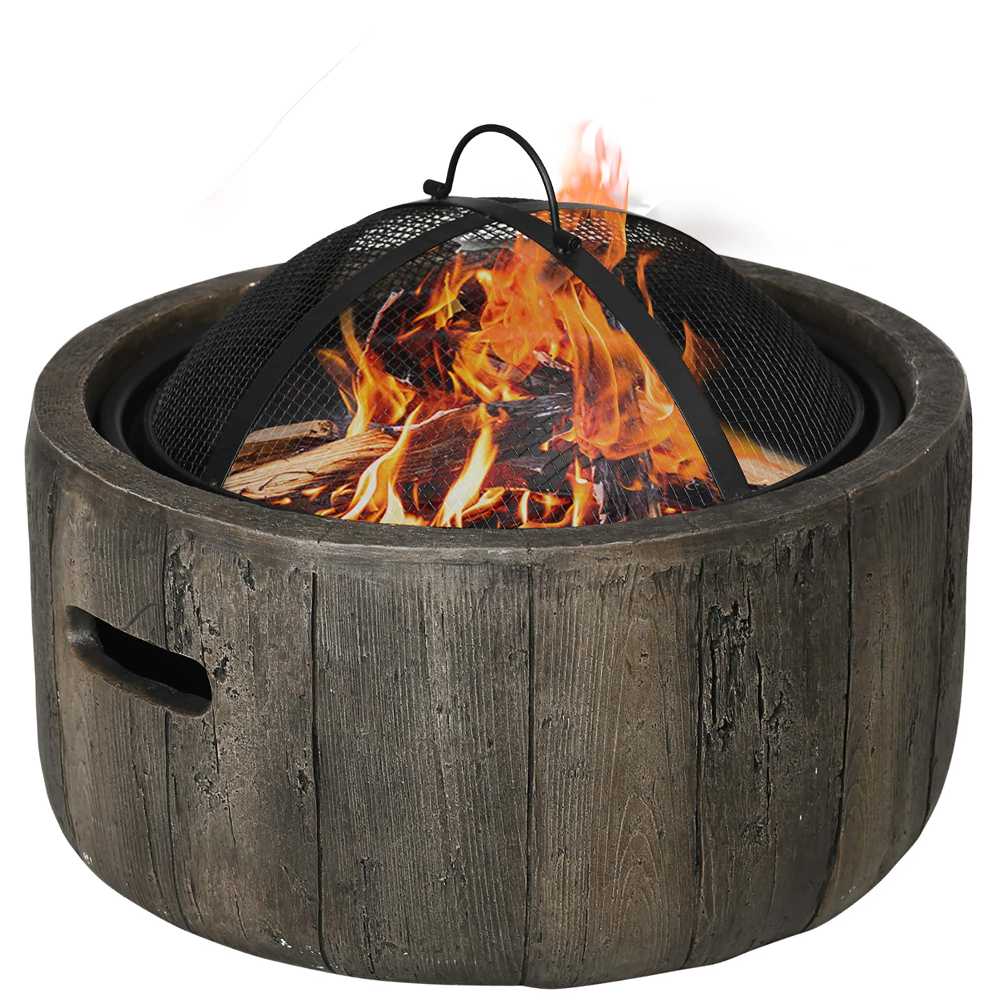 Outsunny - Outdoor Fire Pit, 18 Inch Metal Wood Burning Fireplace with Spark Cover, Poker, Woodgrain Design for Patio - Dark brown