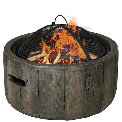 Front. Outsunny - Outdoor Fire Pit, 18 Inch Metal Wood Burning Fireplace with Spark Cover, Poker, Woodgrain Design for Patio - Dark brown.