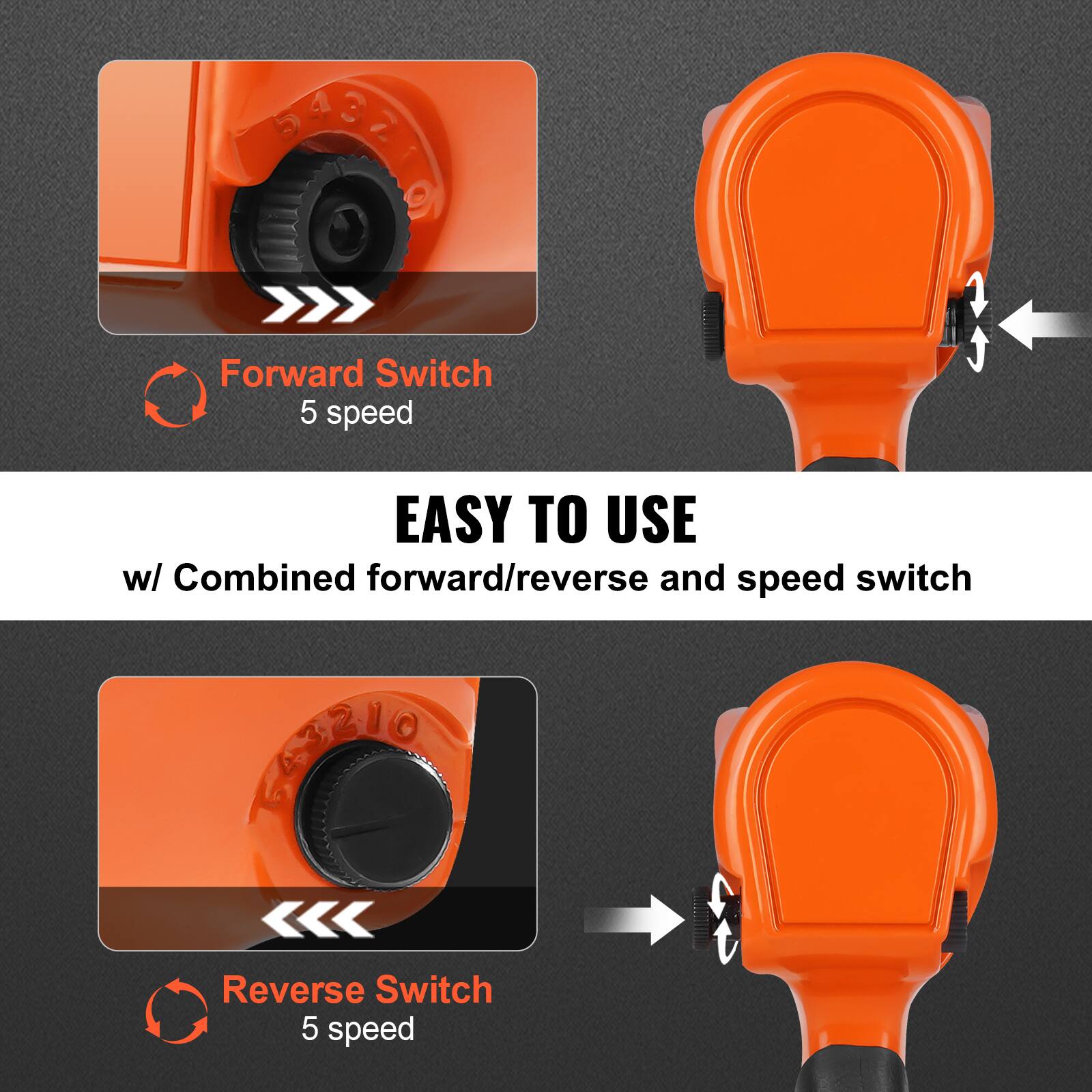 Forward Switch  
5 speed  

EASY TO USE  
w/ Combined forward/reverse and speed switch  

Reverse Switch  
5 speed