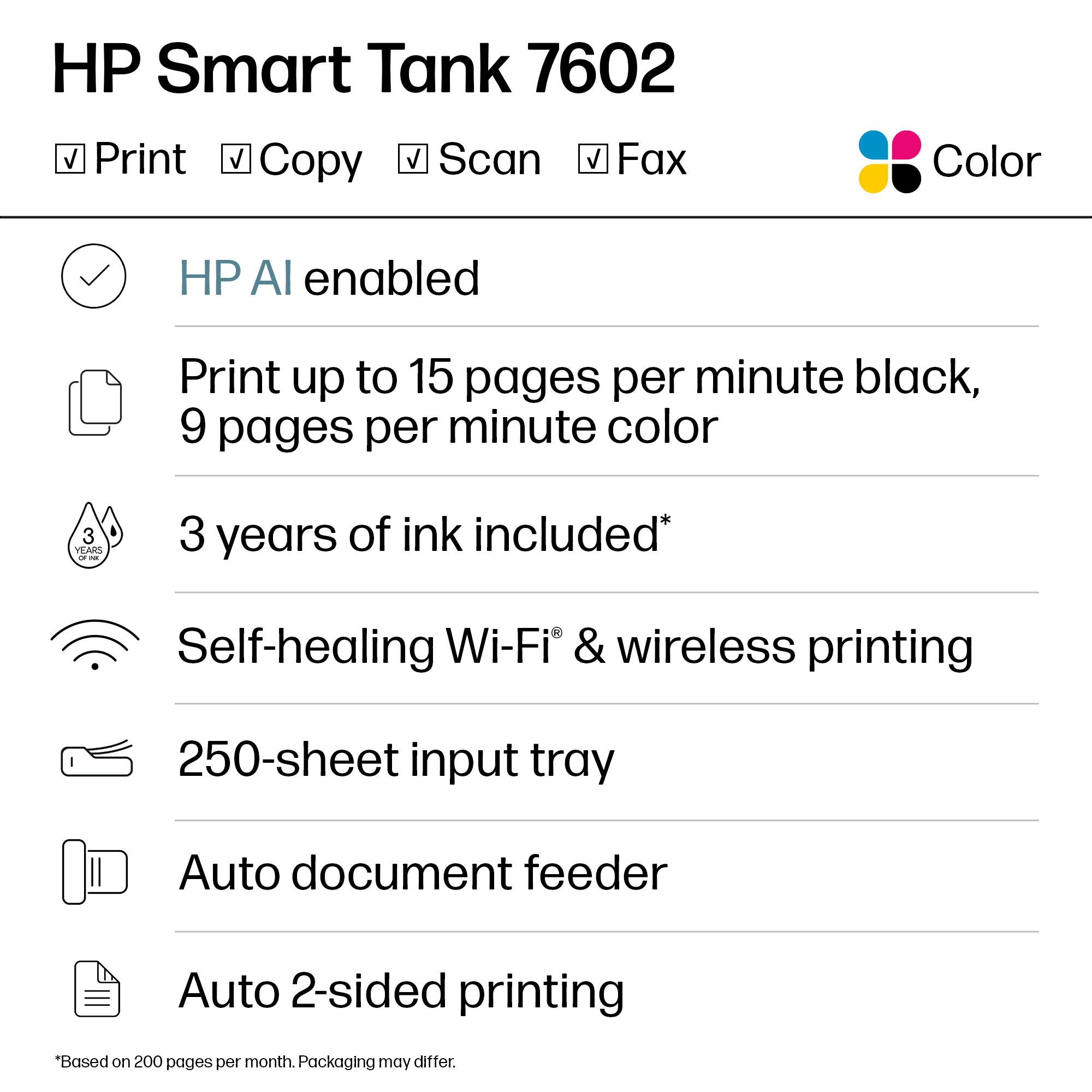 HP Smart Tank 7602

- Print
- Copy
- Scan
- Fax
- Color

HP AI enabled

Print up to 15 pages per minute black, 9 pages per minute color

3 years of ink included*

Self-healing Wi-Fi & wireless printing

250-sheet input tray

Auto document feeder

Auto 2-sided printing

*Based on 200 pages per month. Packaging may differ.